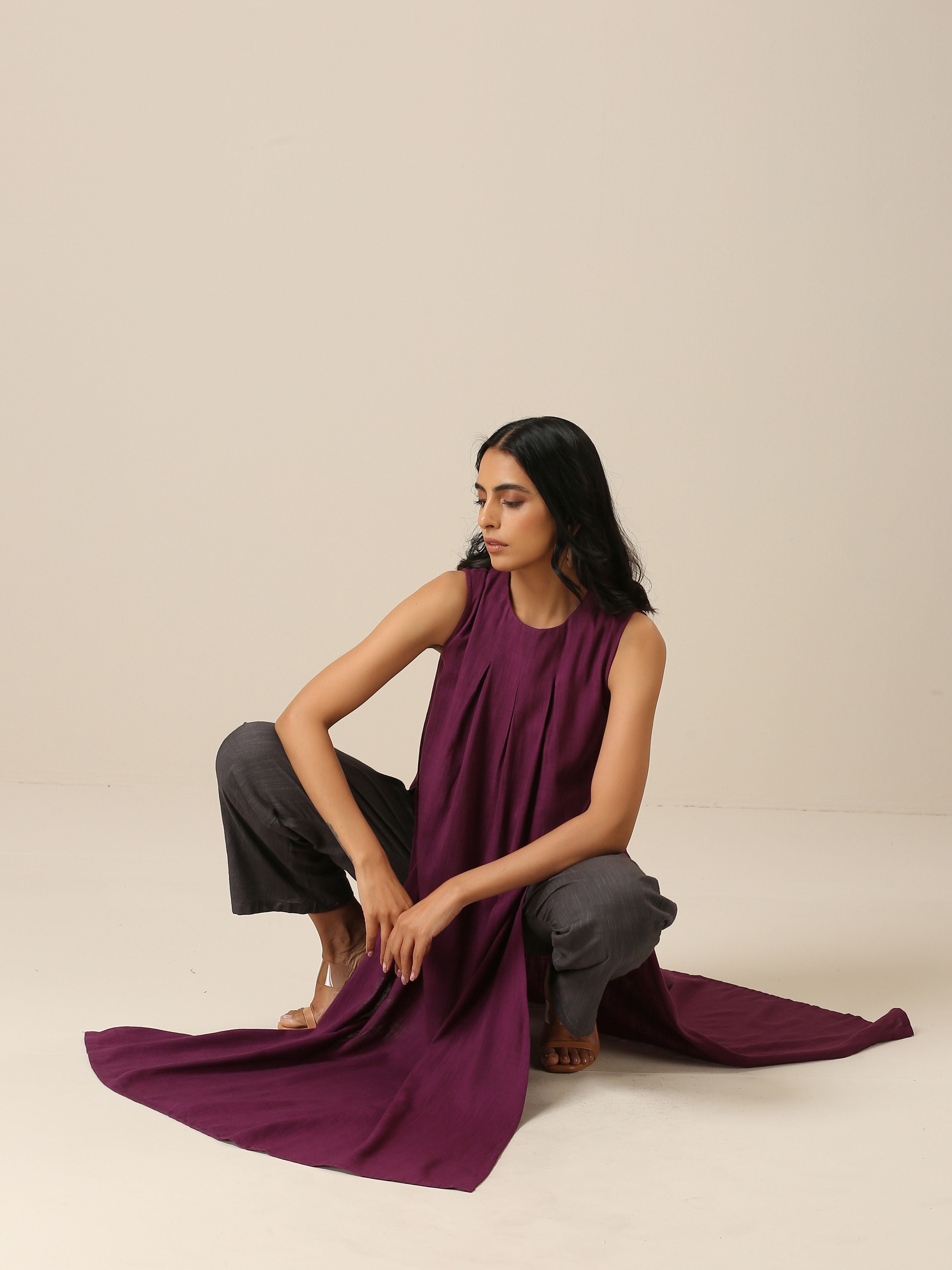 Plum Purple Slub Texture Sleeveless Kurta Pant Set