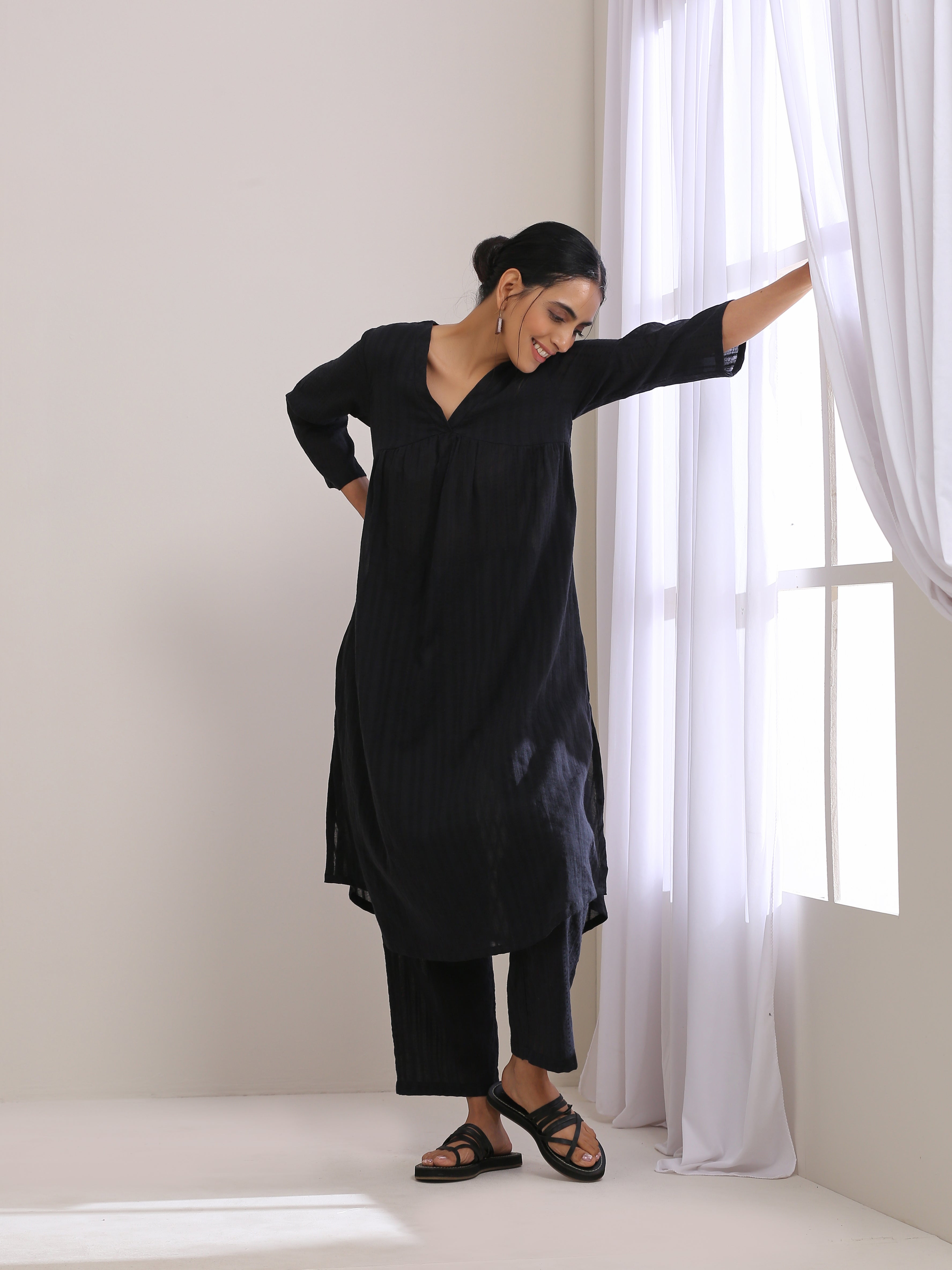 Black Dobby Flared Slit Kurta Pant Set