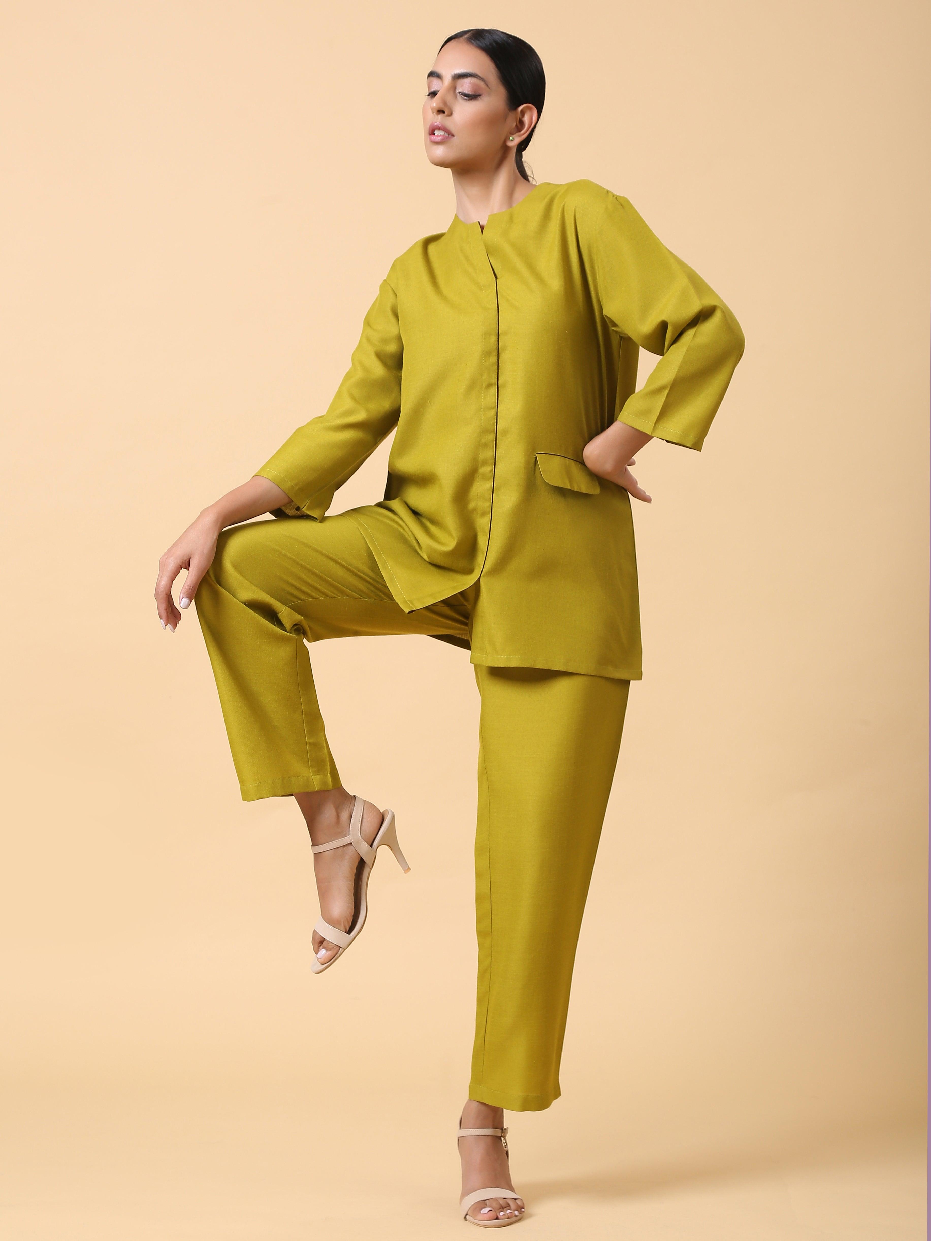 Cotton Linen Lime Green Relaxed Placket Co-Ord Set - trueBrowns