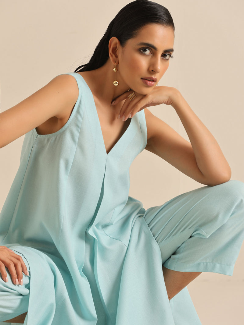 Sky Blue Slub Sleeveless Flared Kurta Pant Set