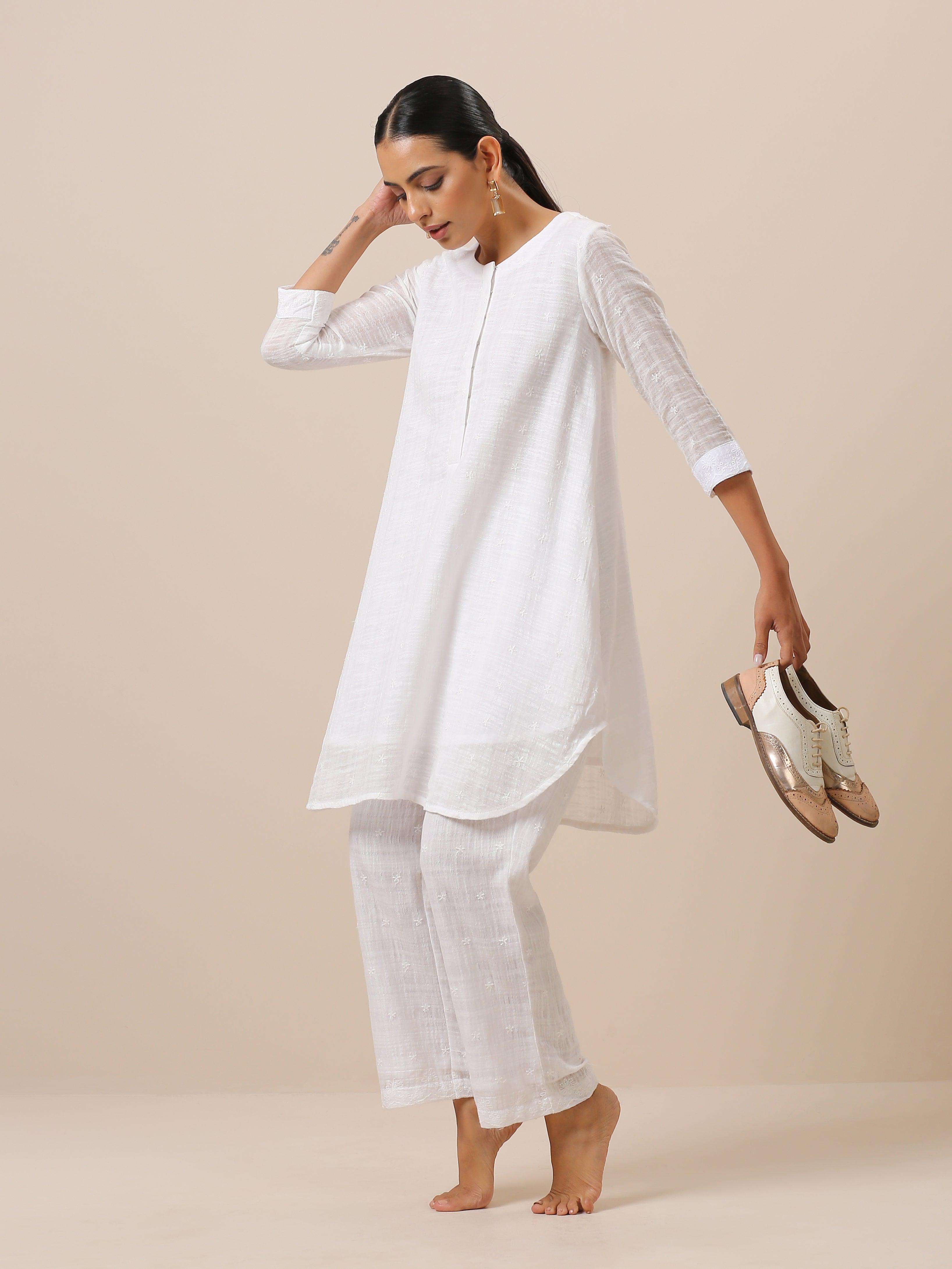 Cotton White Embroidered Short Co-Ord Set - trueBrowns