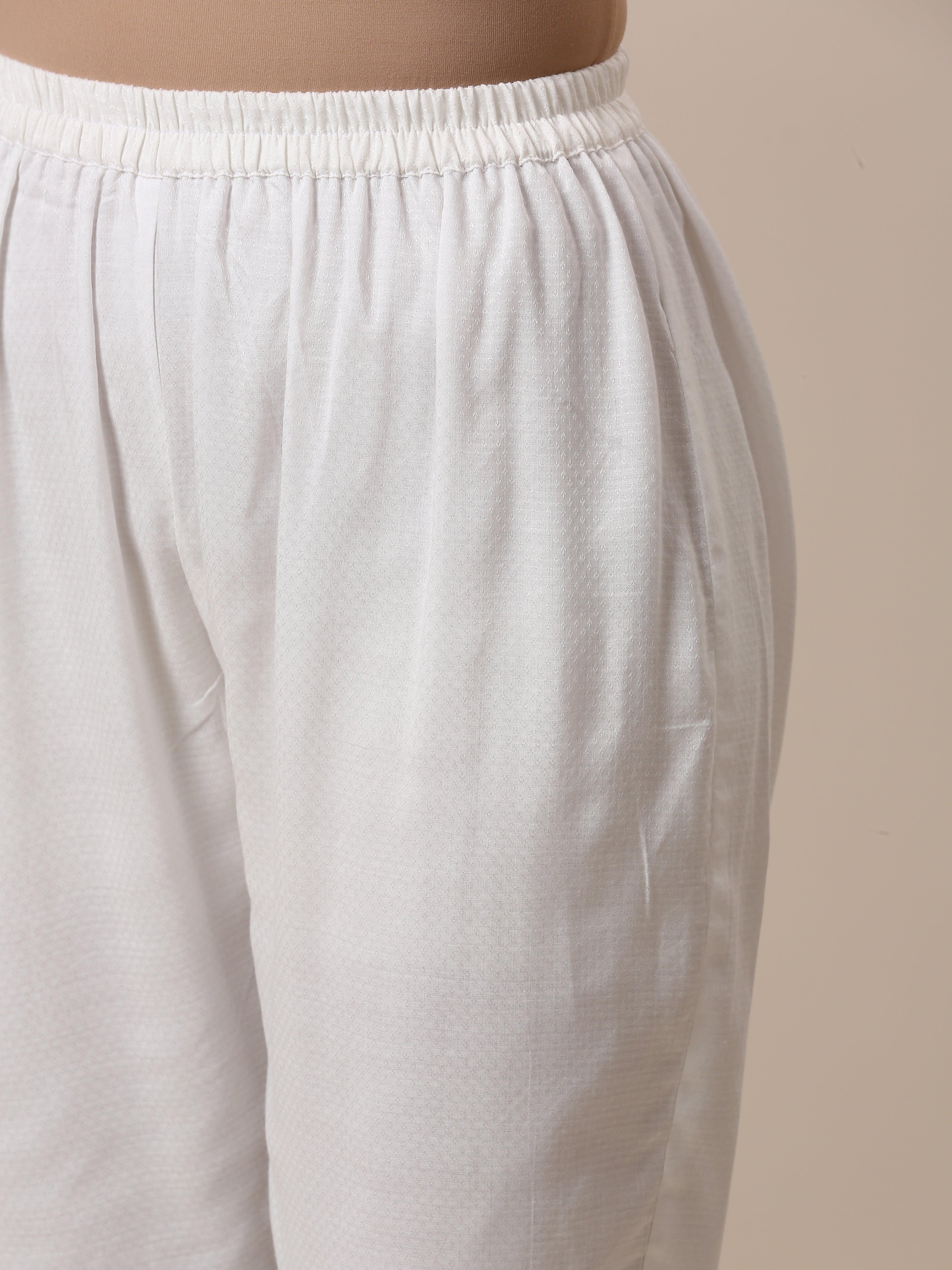 Cotton White Embroidered Flared Kurta Pant Set - trueBrowns