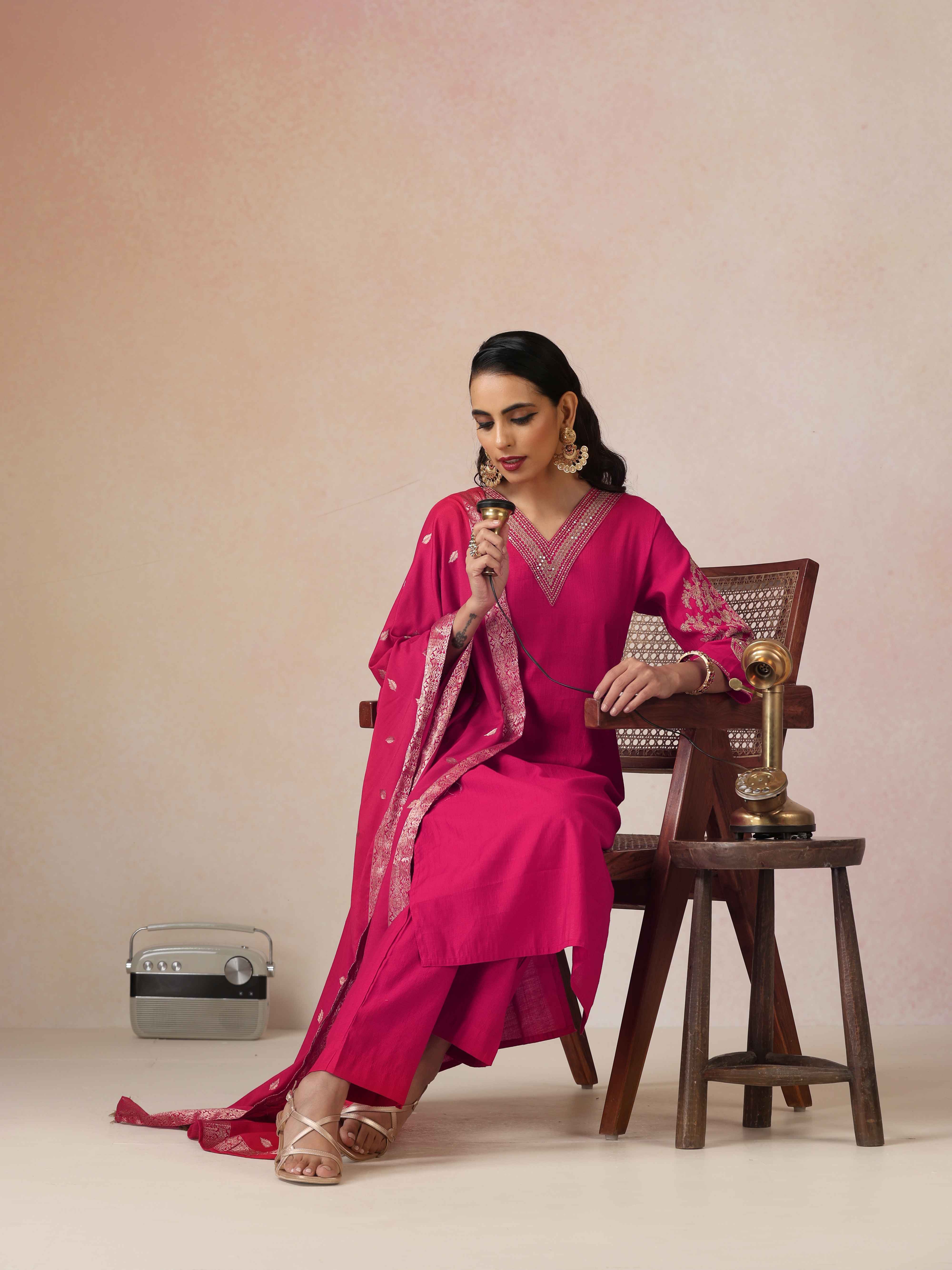 trueBrowns Pink Embroidered Straight Kurta Pant Dupatta Set