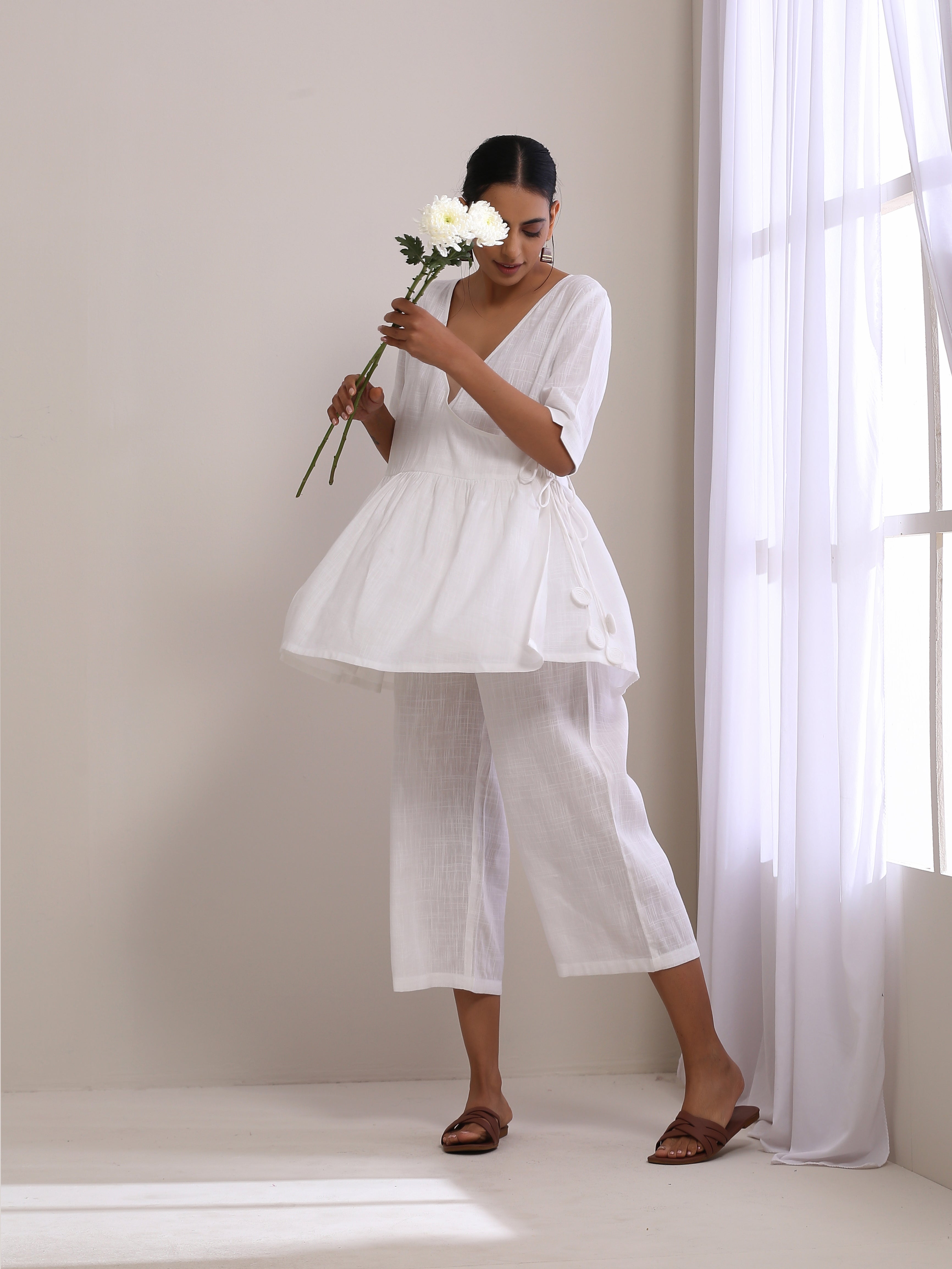 White Slub Texture Short Angrakha Co-Ord Set