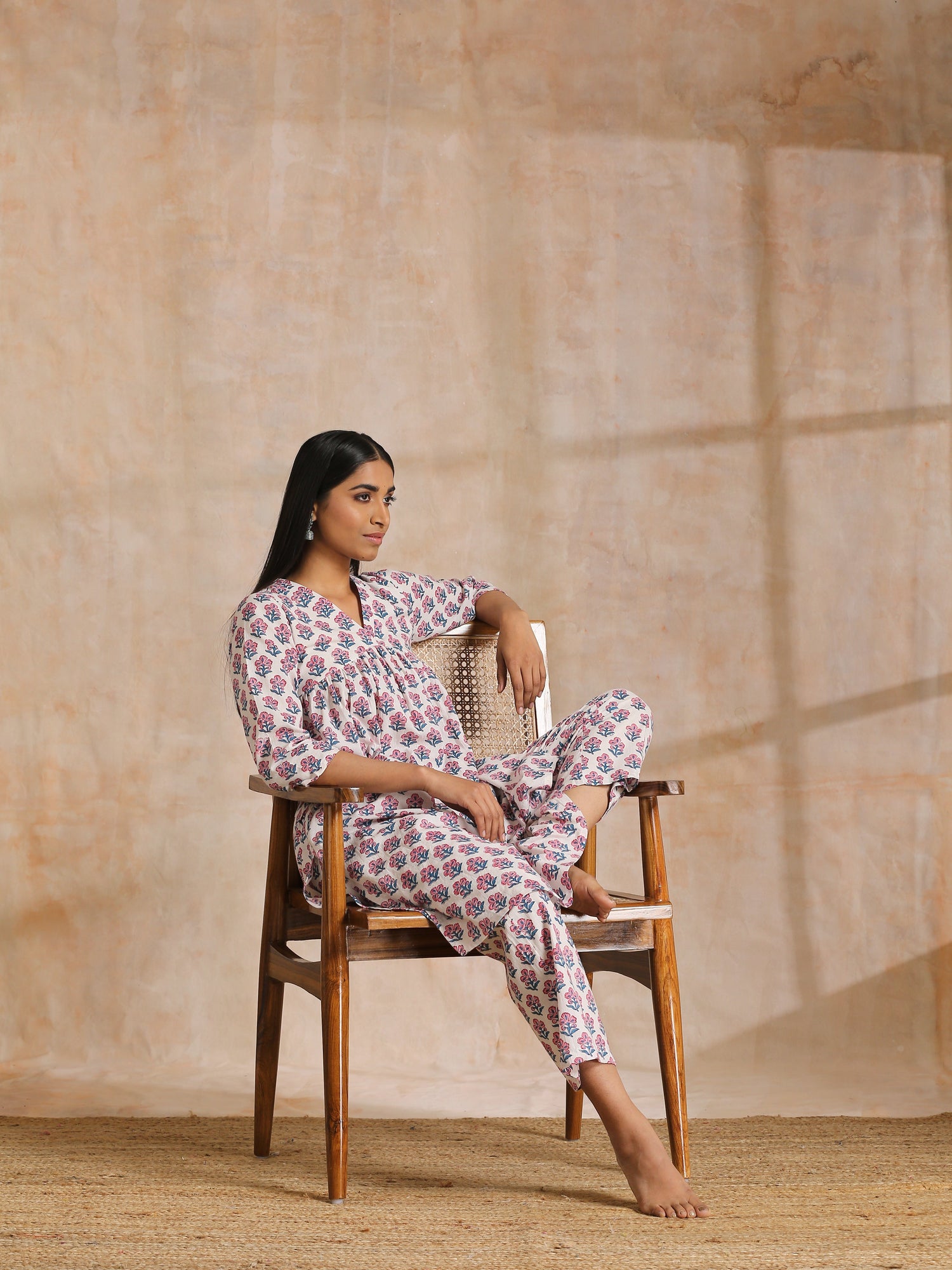 White With Pink Blue Floral Block Print Cotton Flared Slit Kurta Pant Set