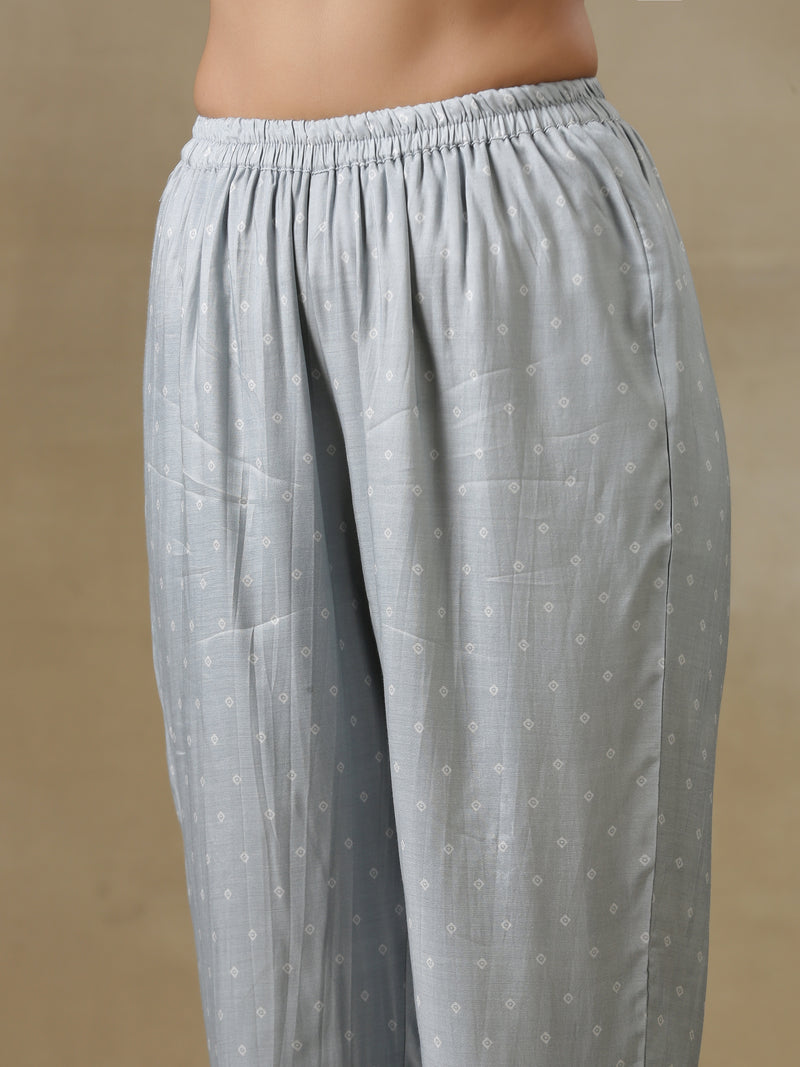 Grey Bandhani Printed Silk One-Shoulder Kurta Pant Set