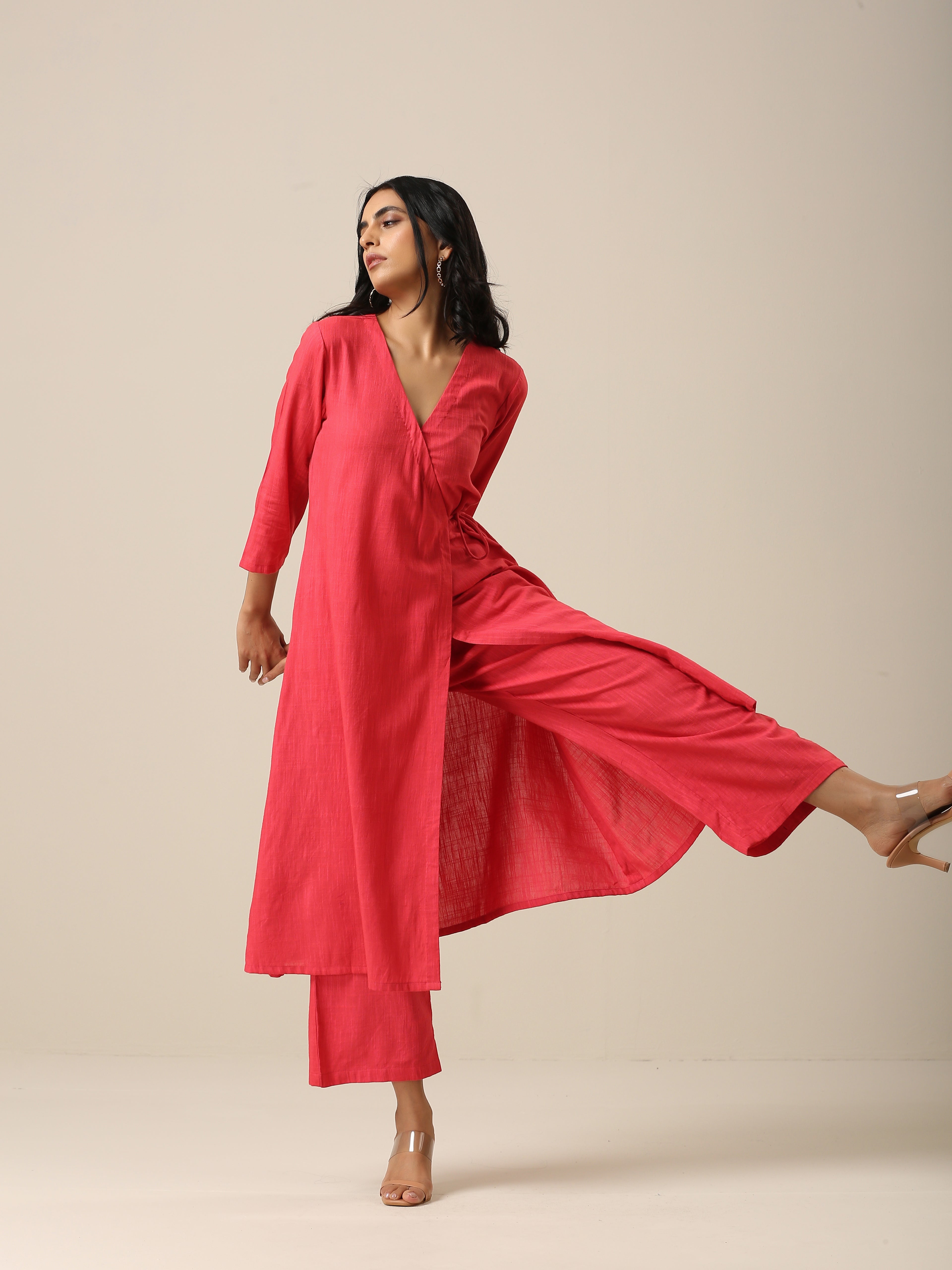 Bright Pink Slub Texture Angrakha Pant Set