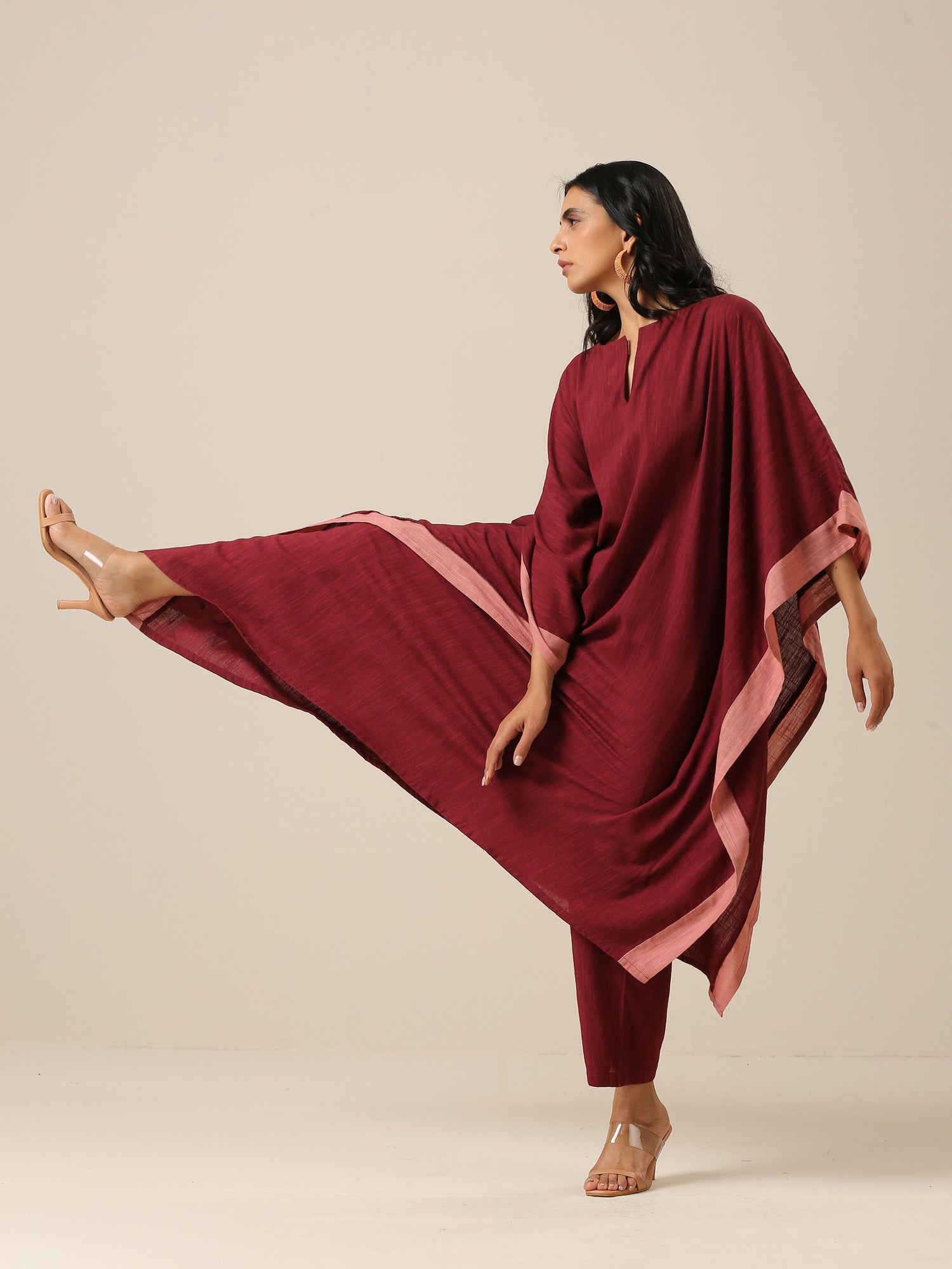 Ruby Wine Slub Texture High Low Kaftan Pant Set