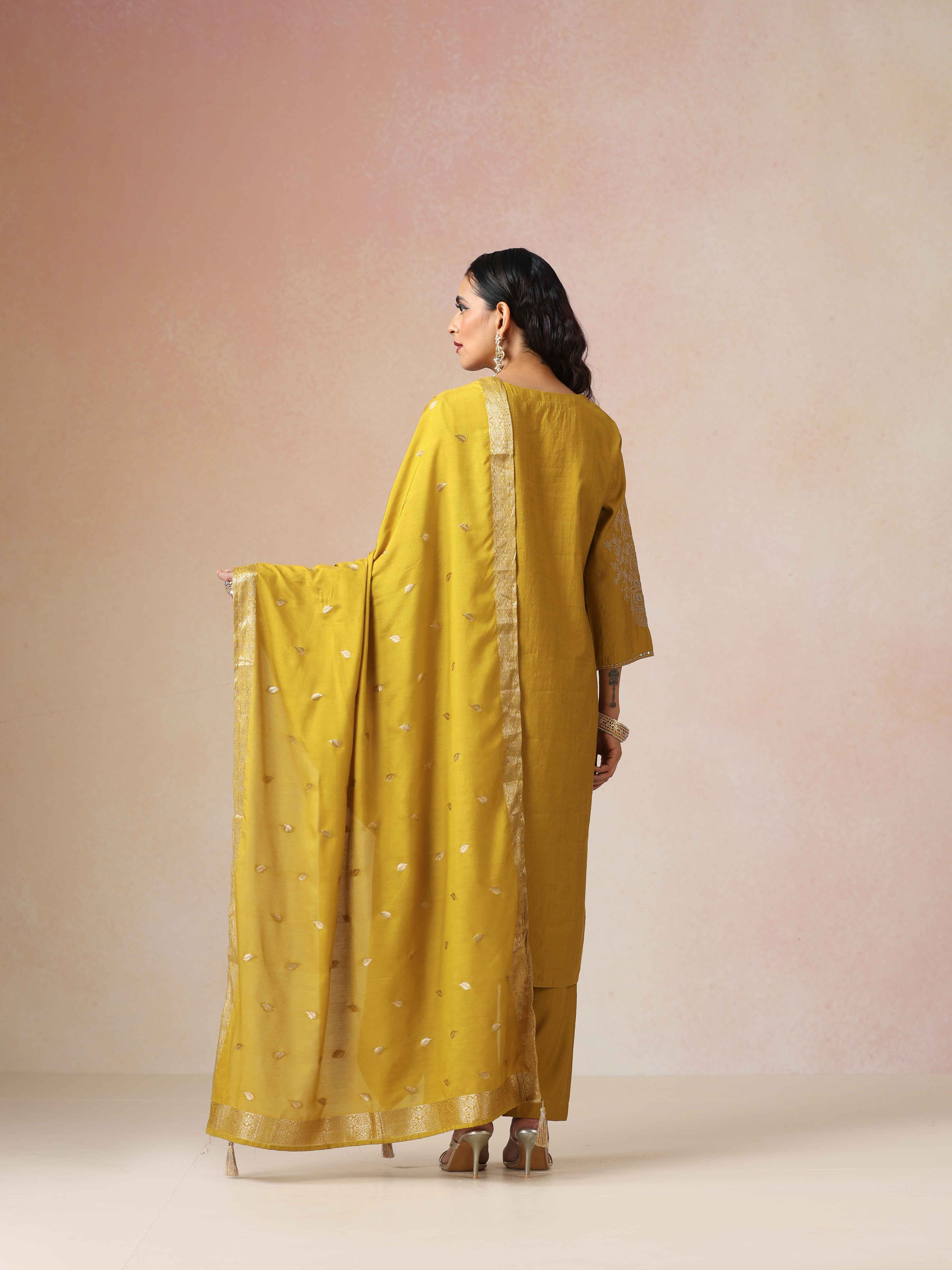 trueBrowns Mustard Embroidered Straight Kurta Pant Dupatta Set