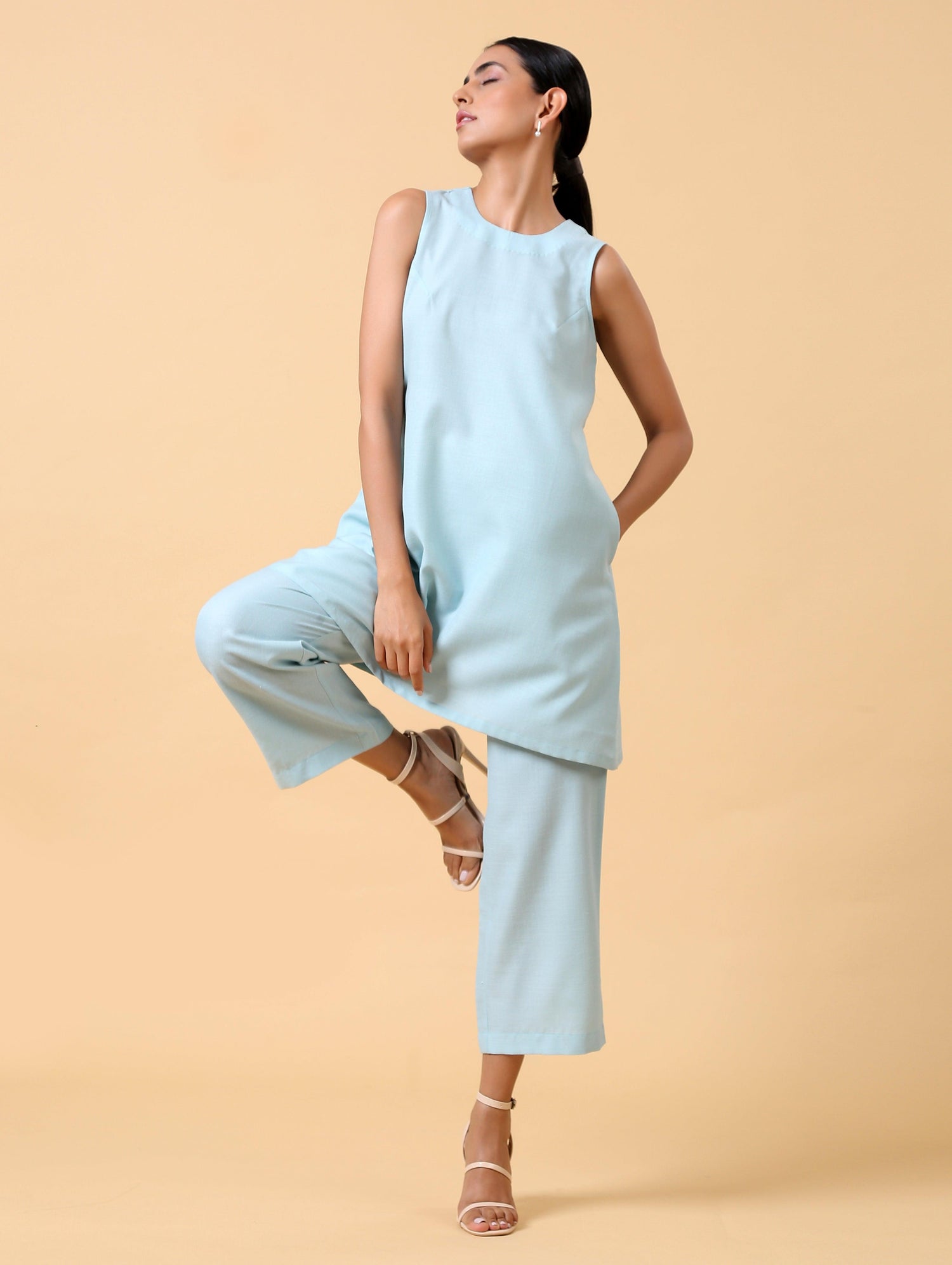 Cotton Linen Light Blue Sleeveless Co-Ord Set - trueBrowns