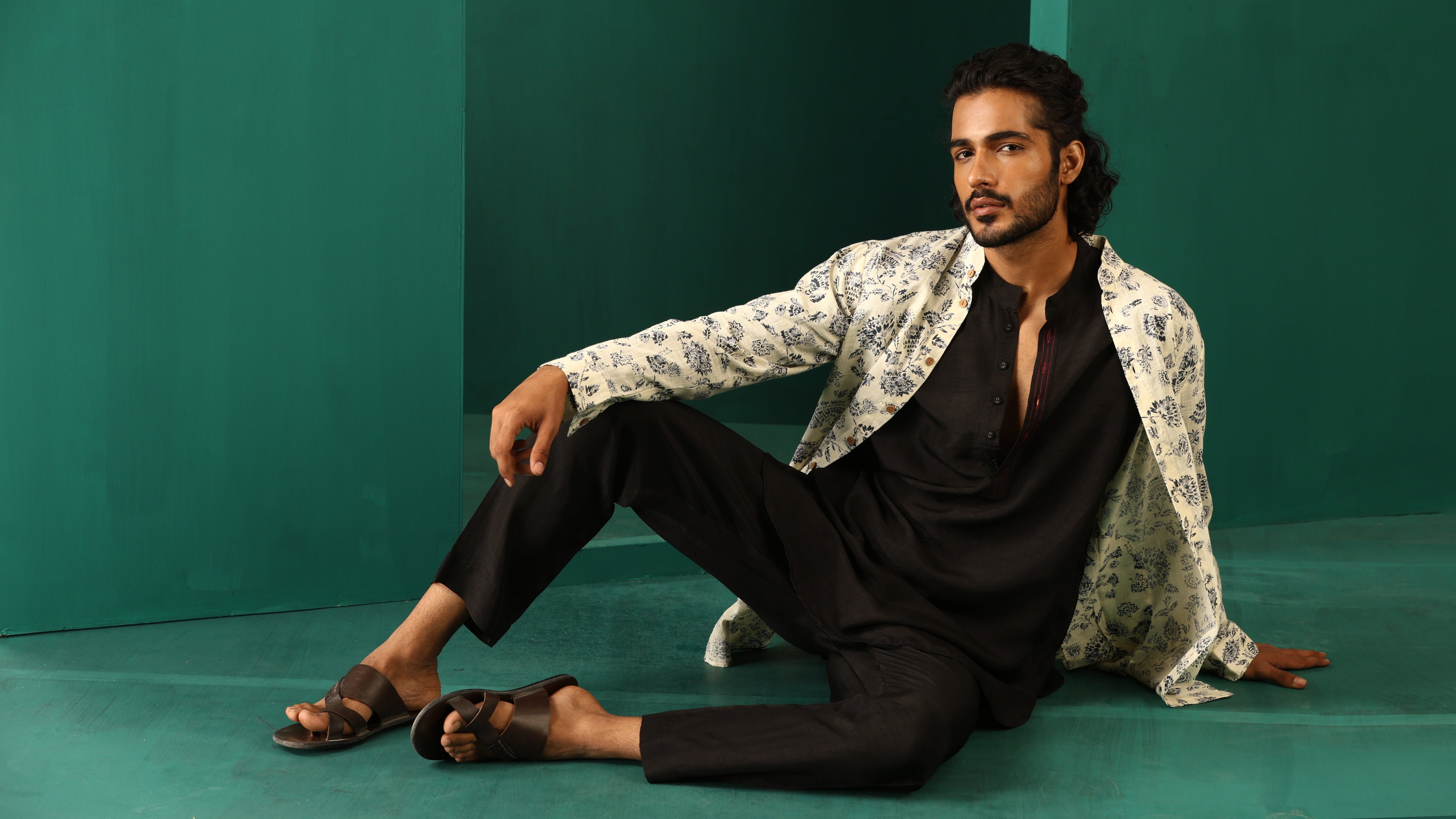 trueBrowns Men Black Silk Co-ord Set Stitch Detail