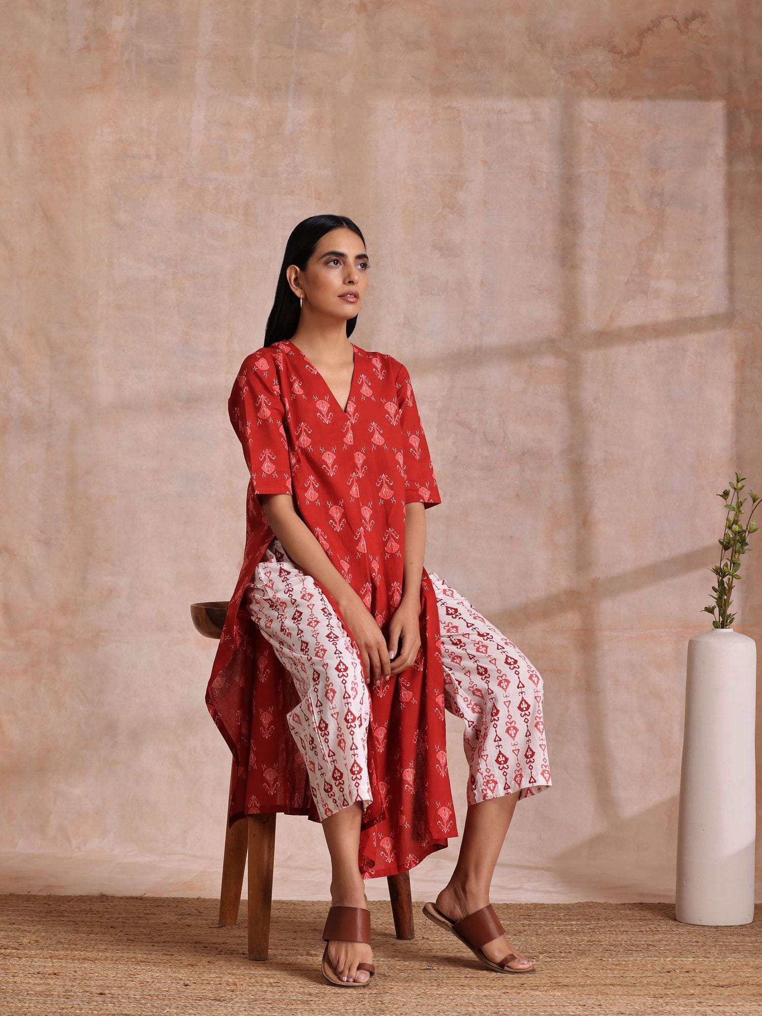 Red On Red Ikat Print Cotton Kurta Pant Set