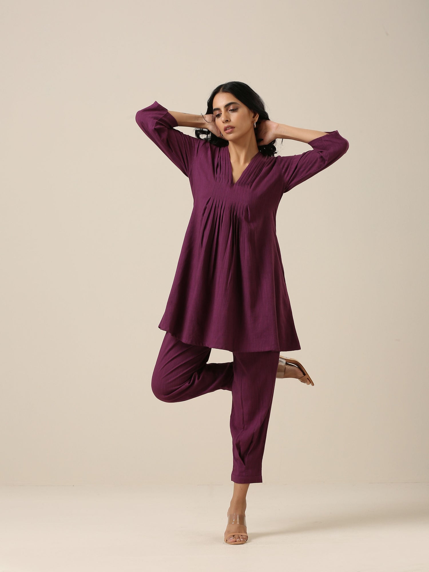 Plum Purple Slub Texture Pleated Co-Ord Set – trueBrowns