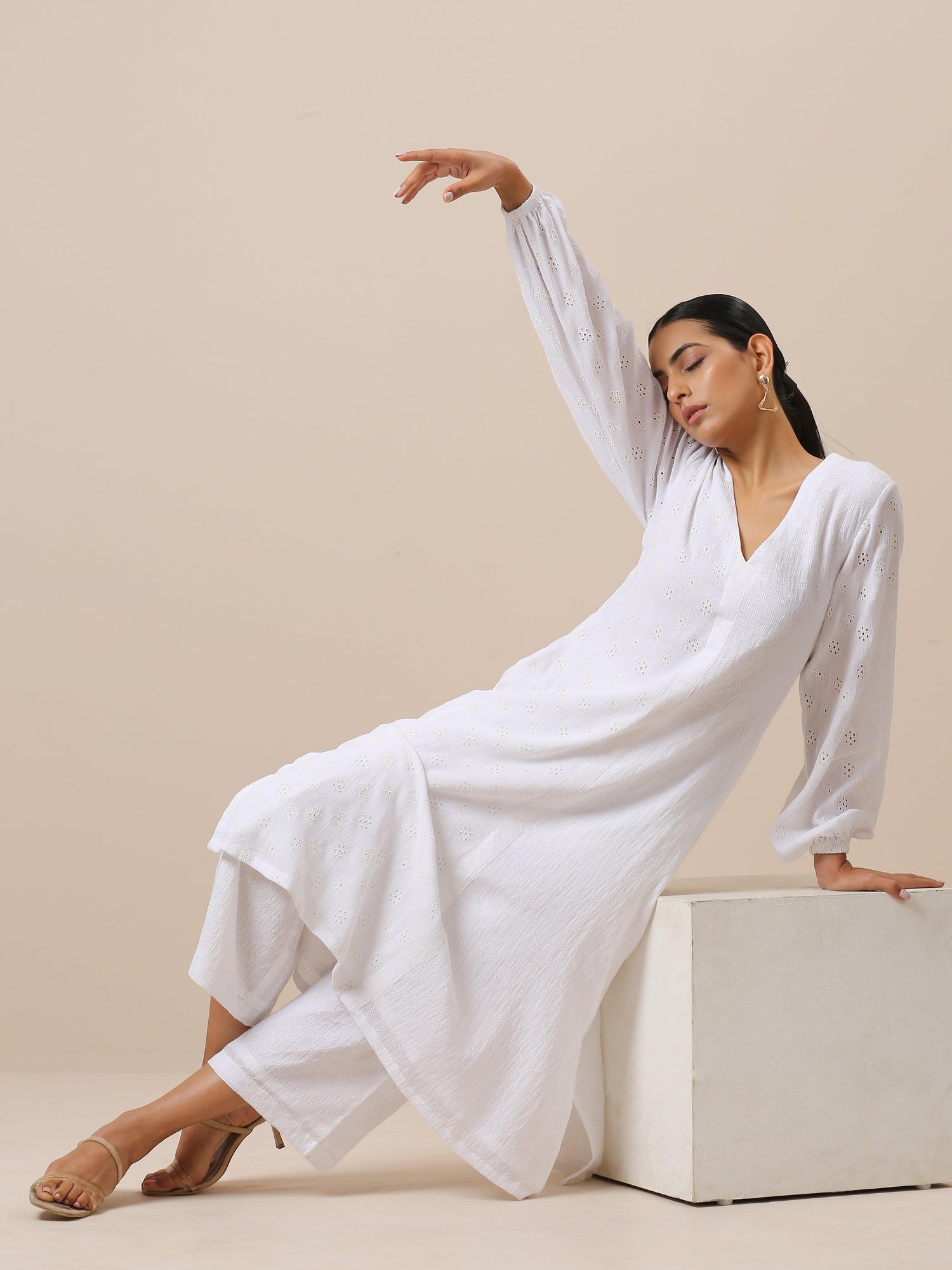 Cotton White Schiffli Weave Kurta Pant Set - trueBrowns