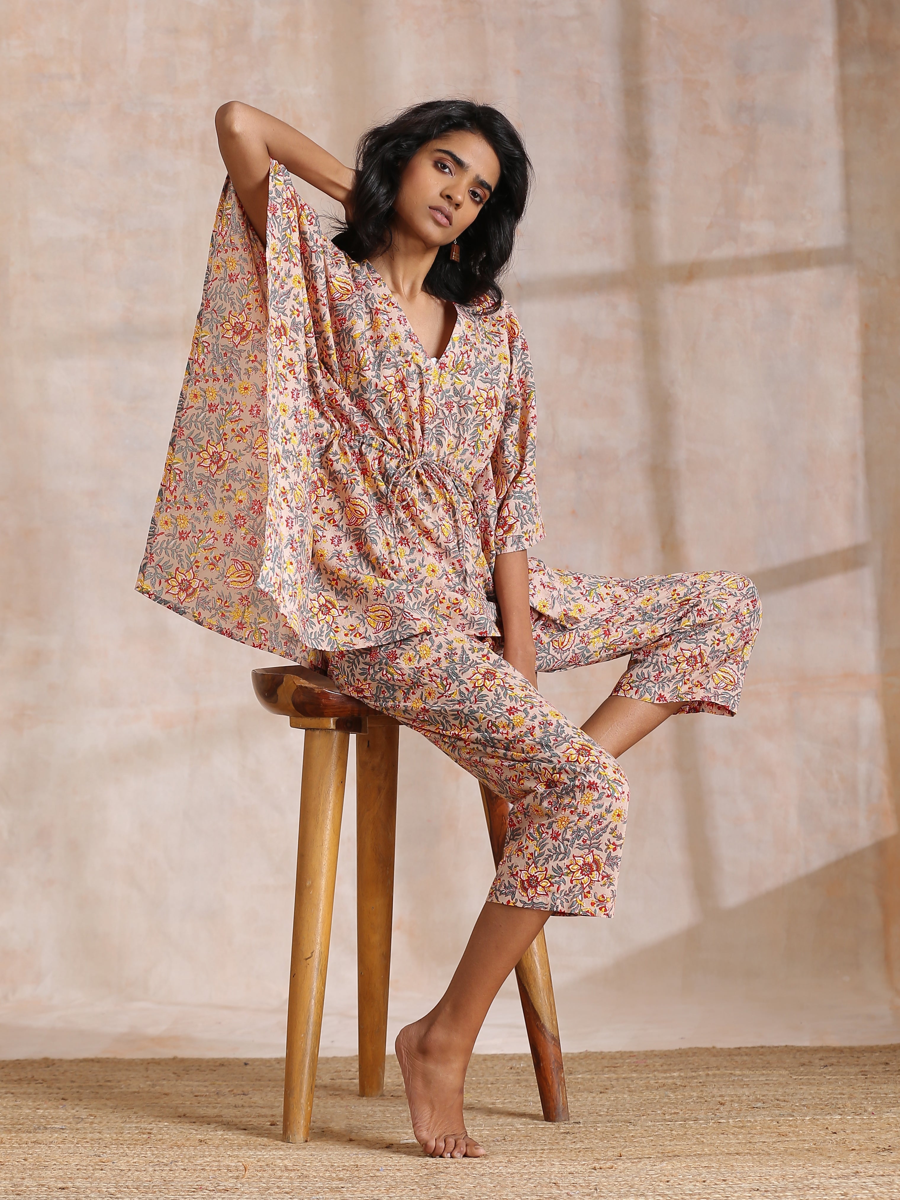 Multicolor Beige Overall Floral Block Print Cotton Kaftan Co-Ord Set