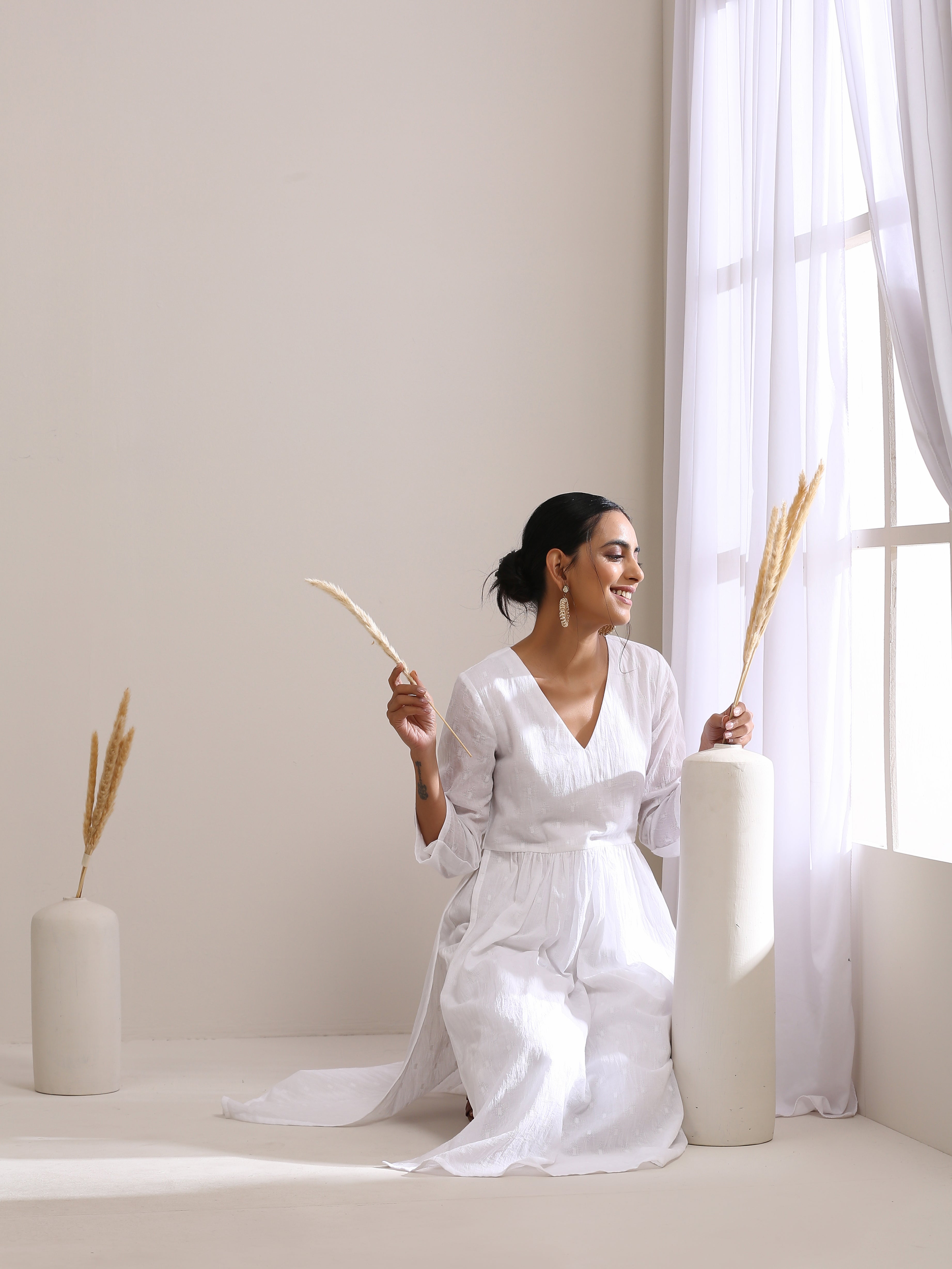 White Dobby High Slit Gathered Kurta Set