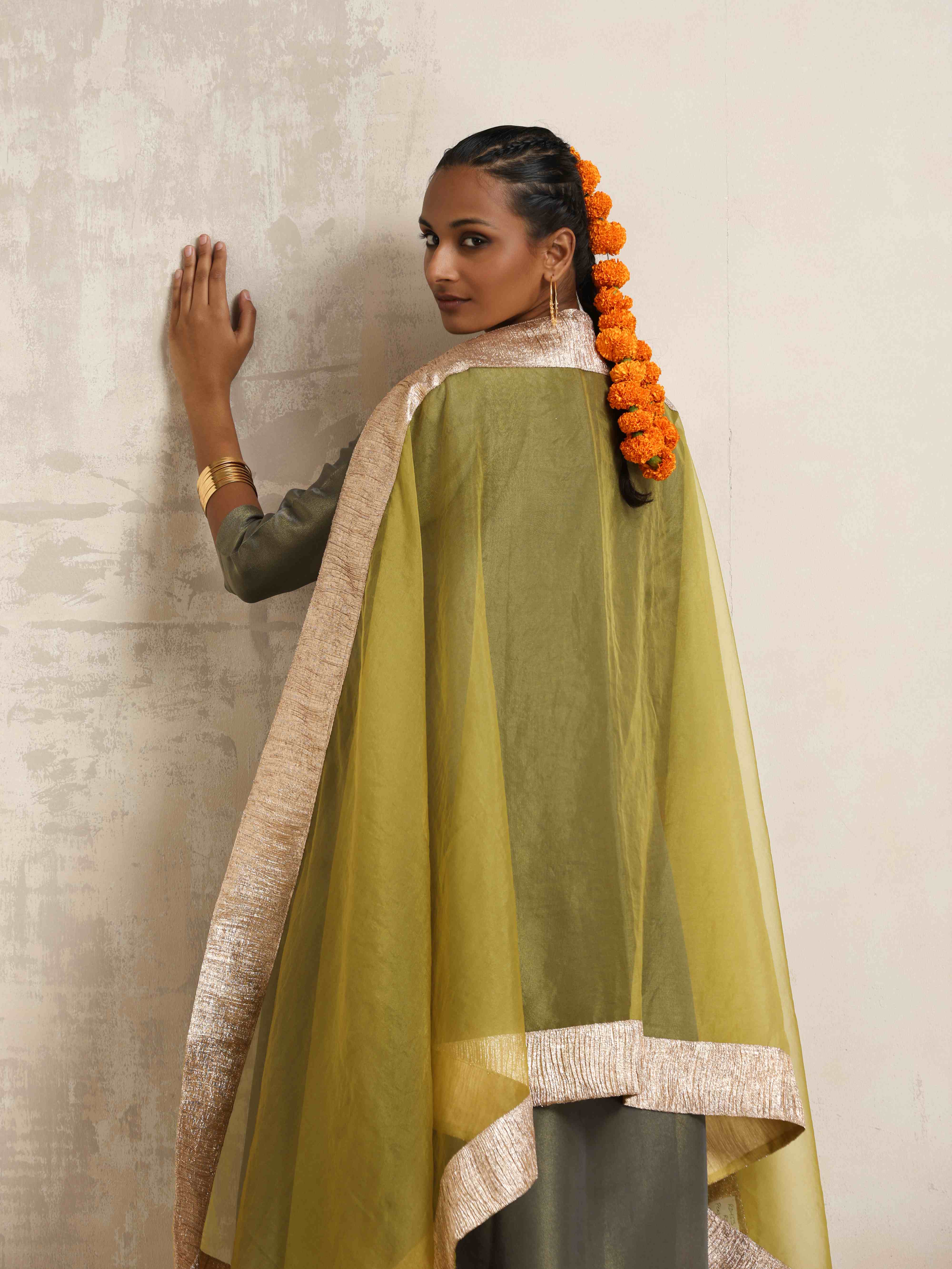 trueBrowns Green Tissue Anarkali Kurta Dupatta Set