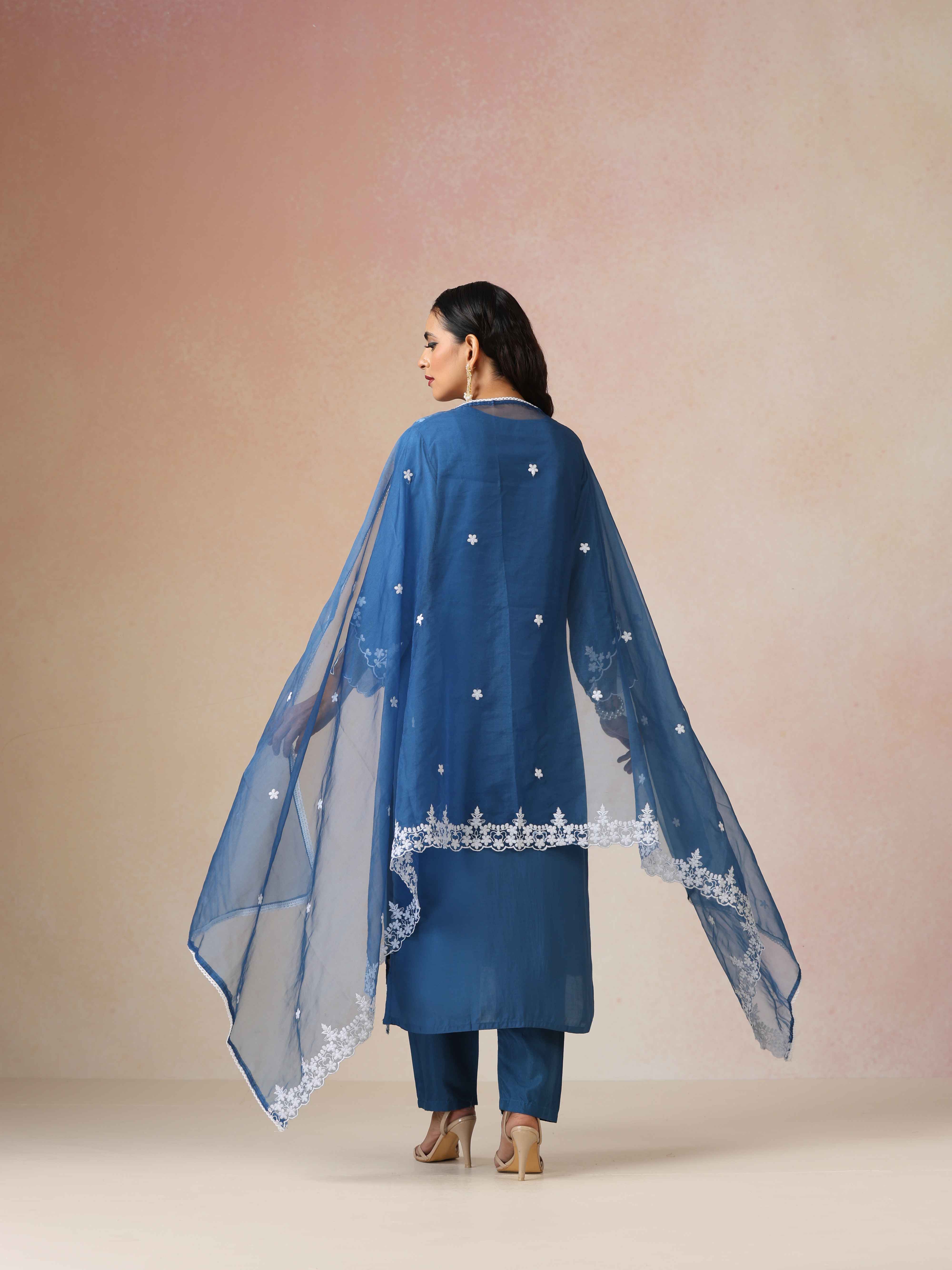 trueBrowns Blue Embroidered Round Neck Straight Kurta 3pc Set