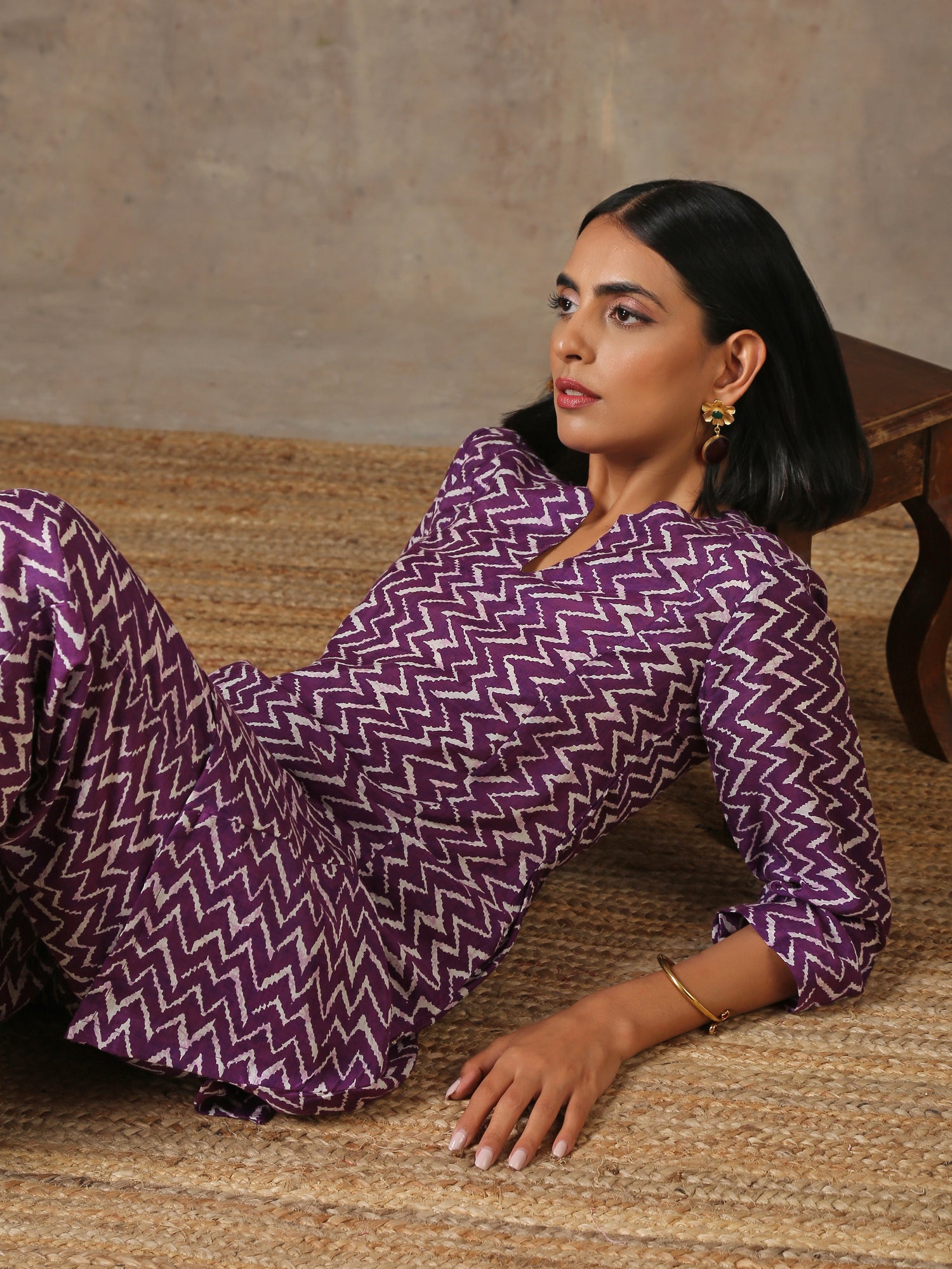 Purple White Lehariya Printed Silk Co-Ord Set