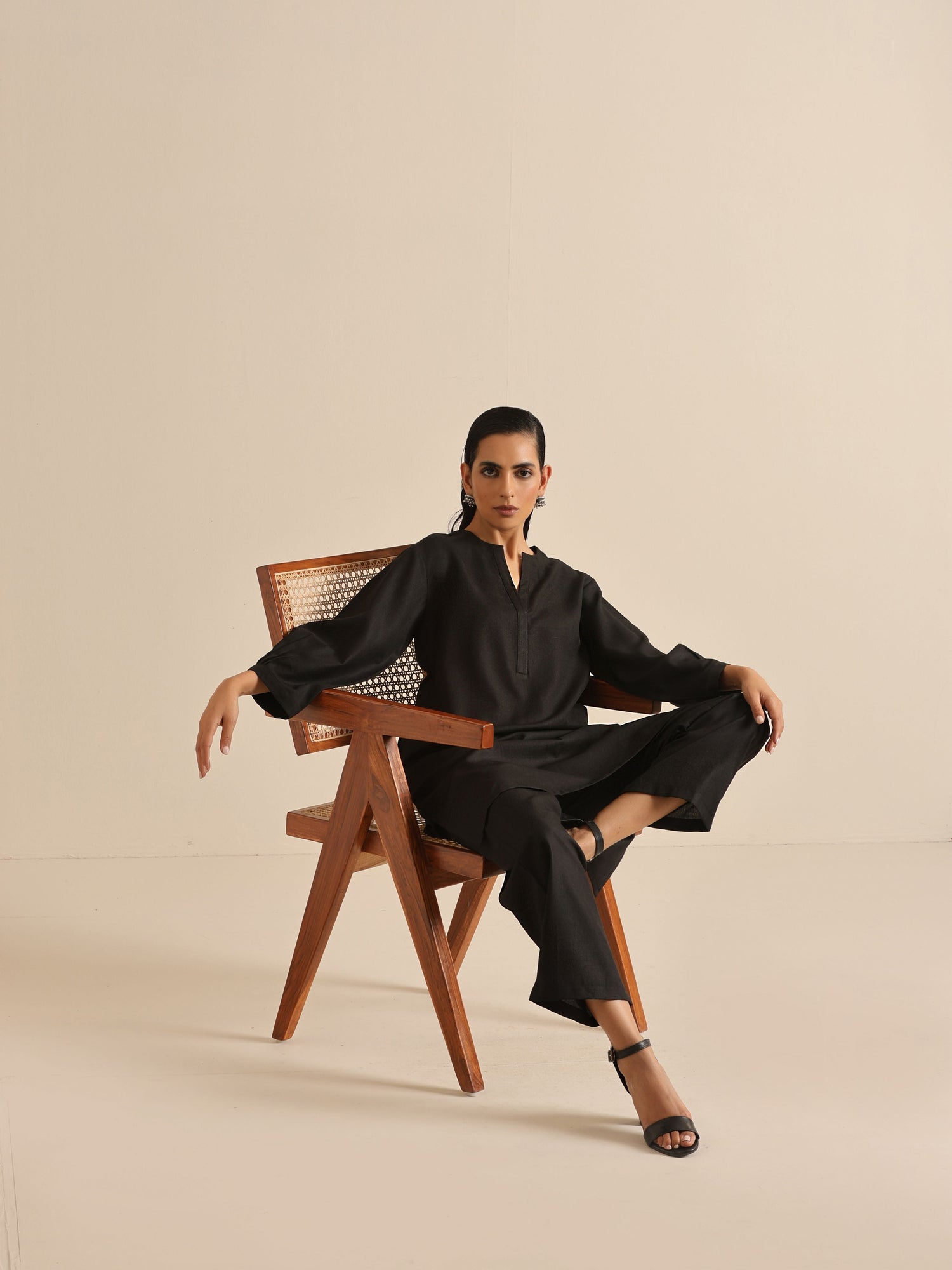 Black Slub Relaxed Placket Co-Ord Set