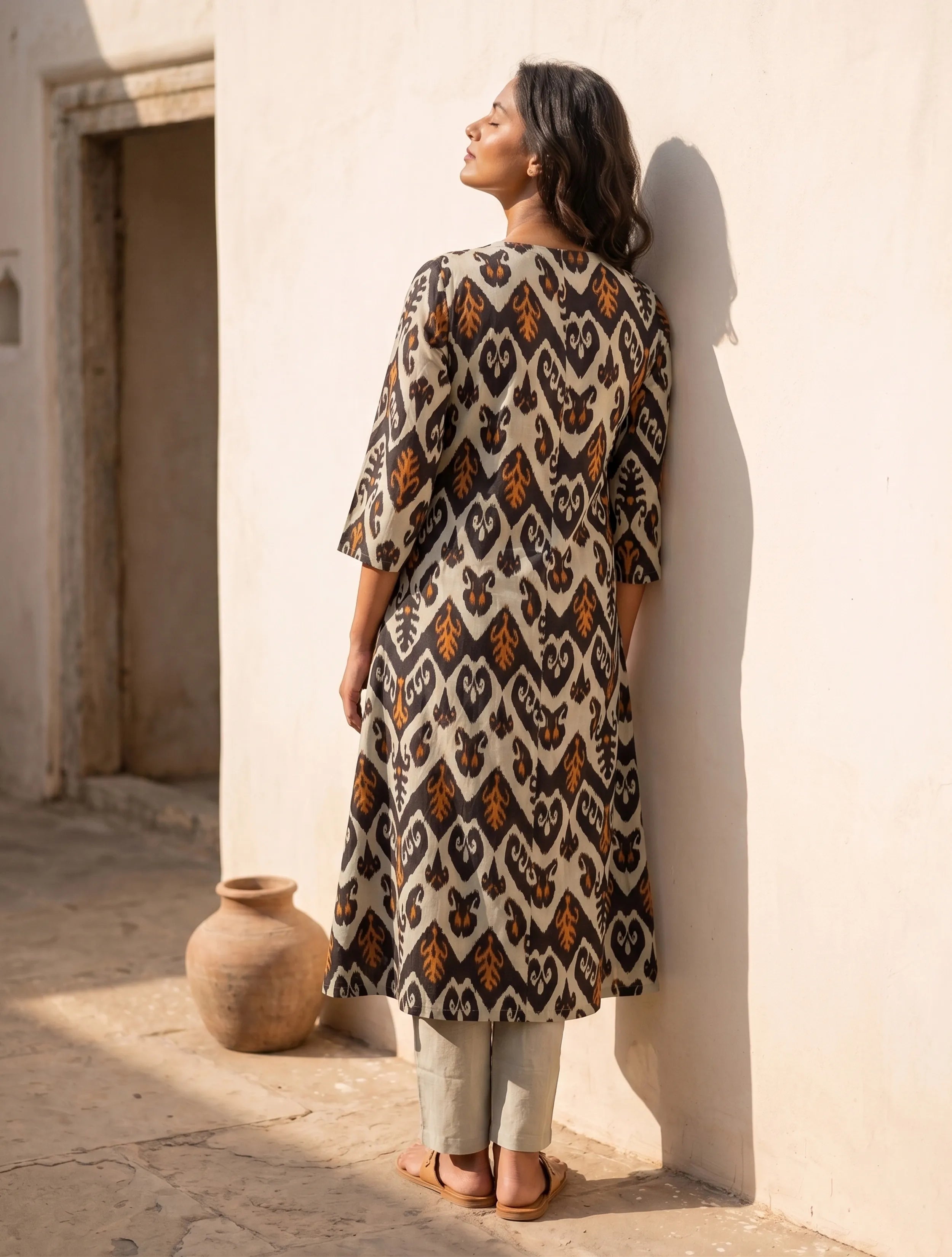 trueBrowns Mint Green Ikat Print Cotton Angrakha Kurta Set
