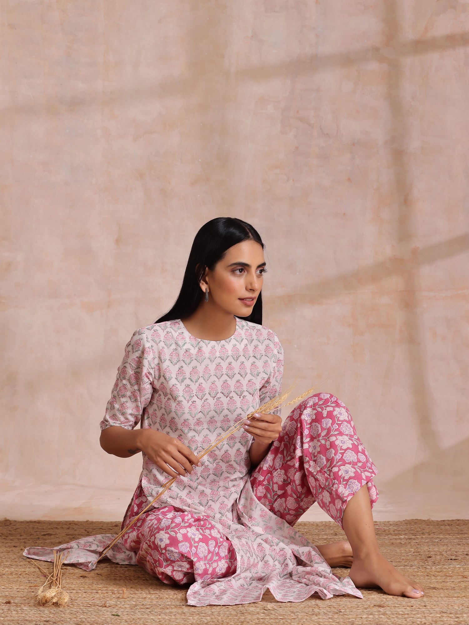 Pink Green Floral On White Block Print Cotton Slit Kurta Pant Set