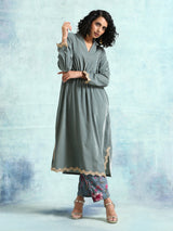 Grey Velvet Lace Kurta Pant Set