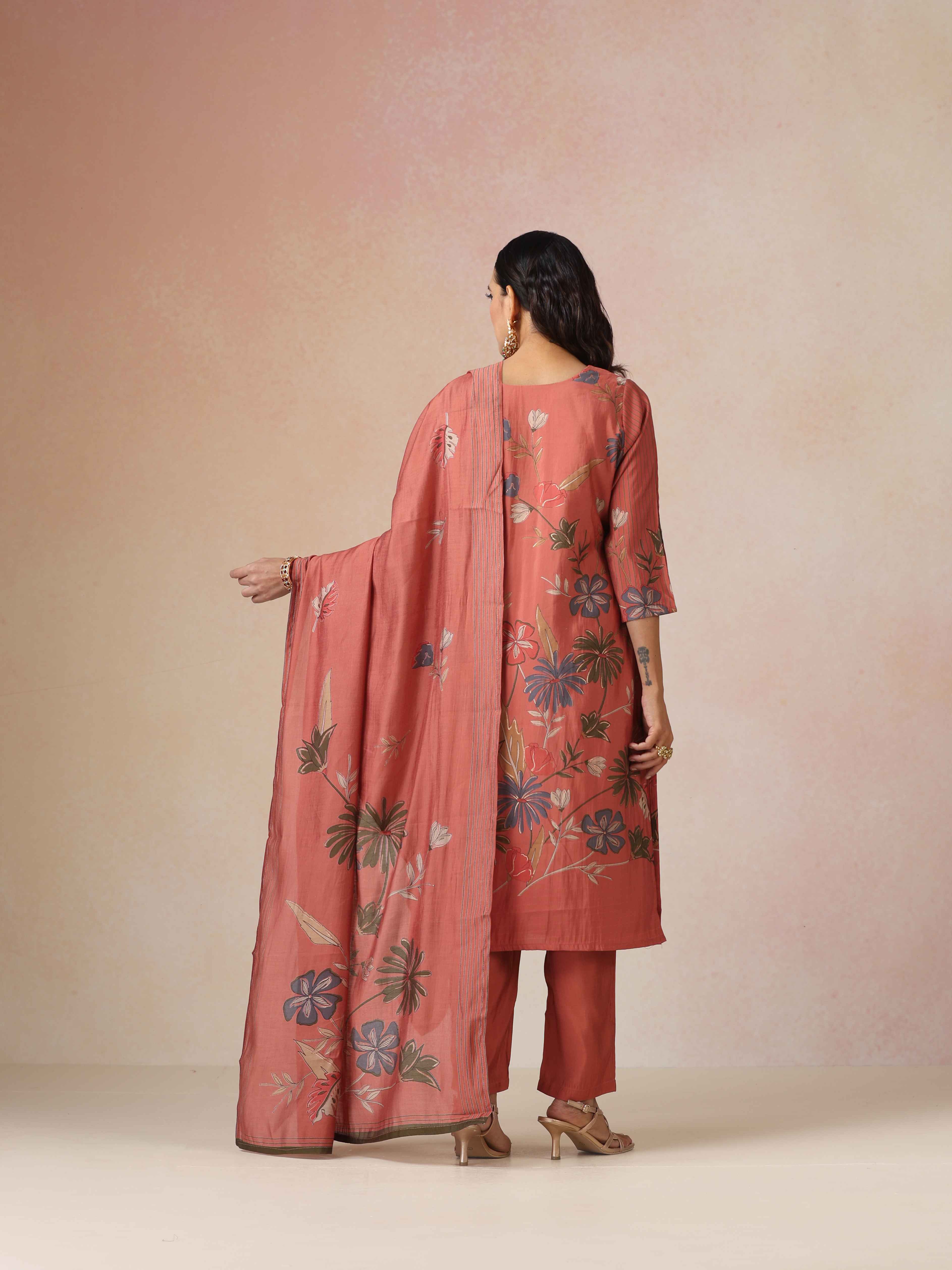 trueBrowns Rust Embroidered Straight Kurta 3pc Set