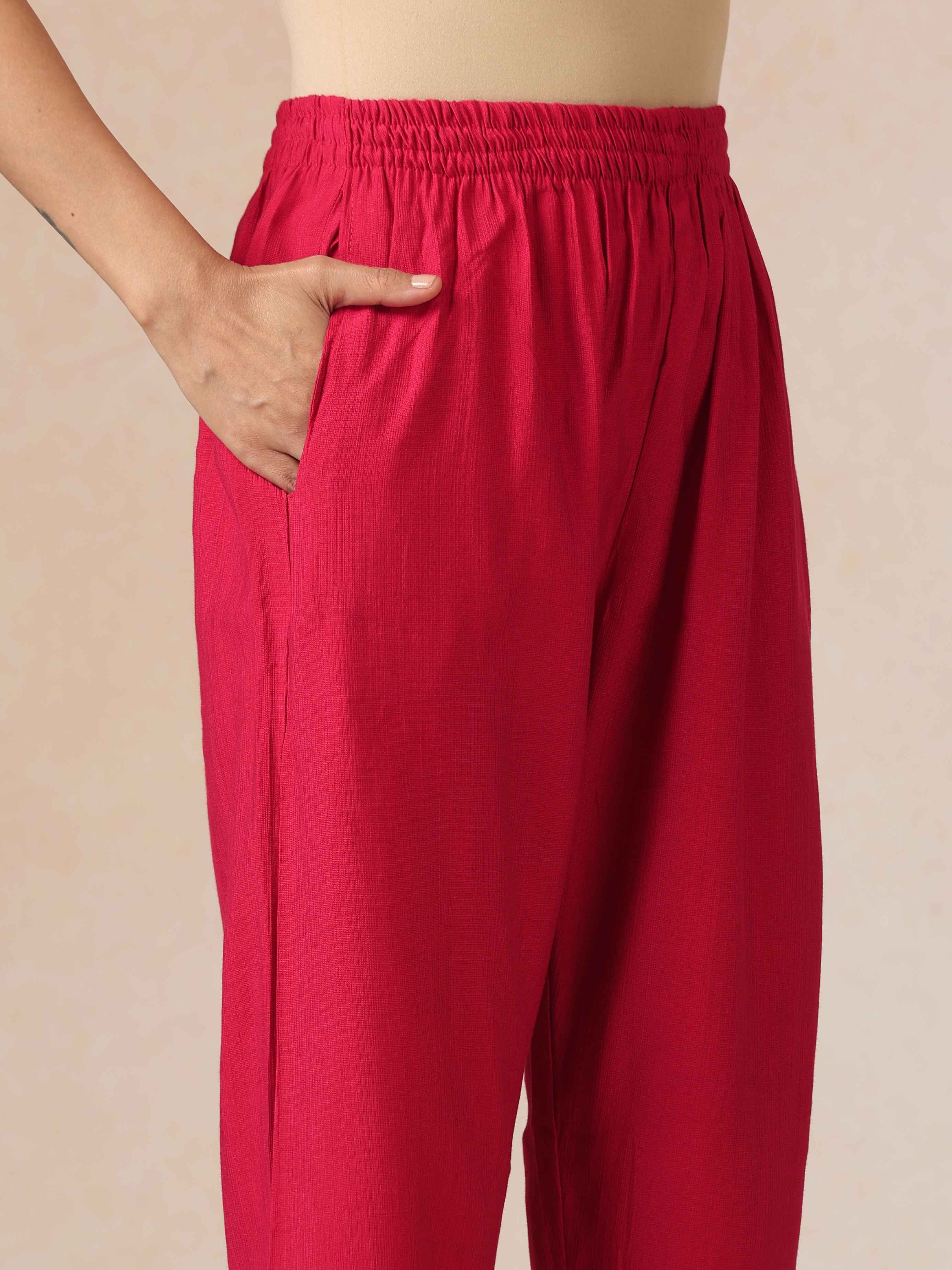 trueBrowns Red Embroidered Straight Kurta Pant Dupatta Set