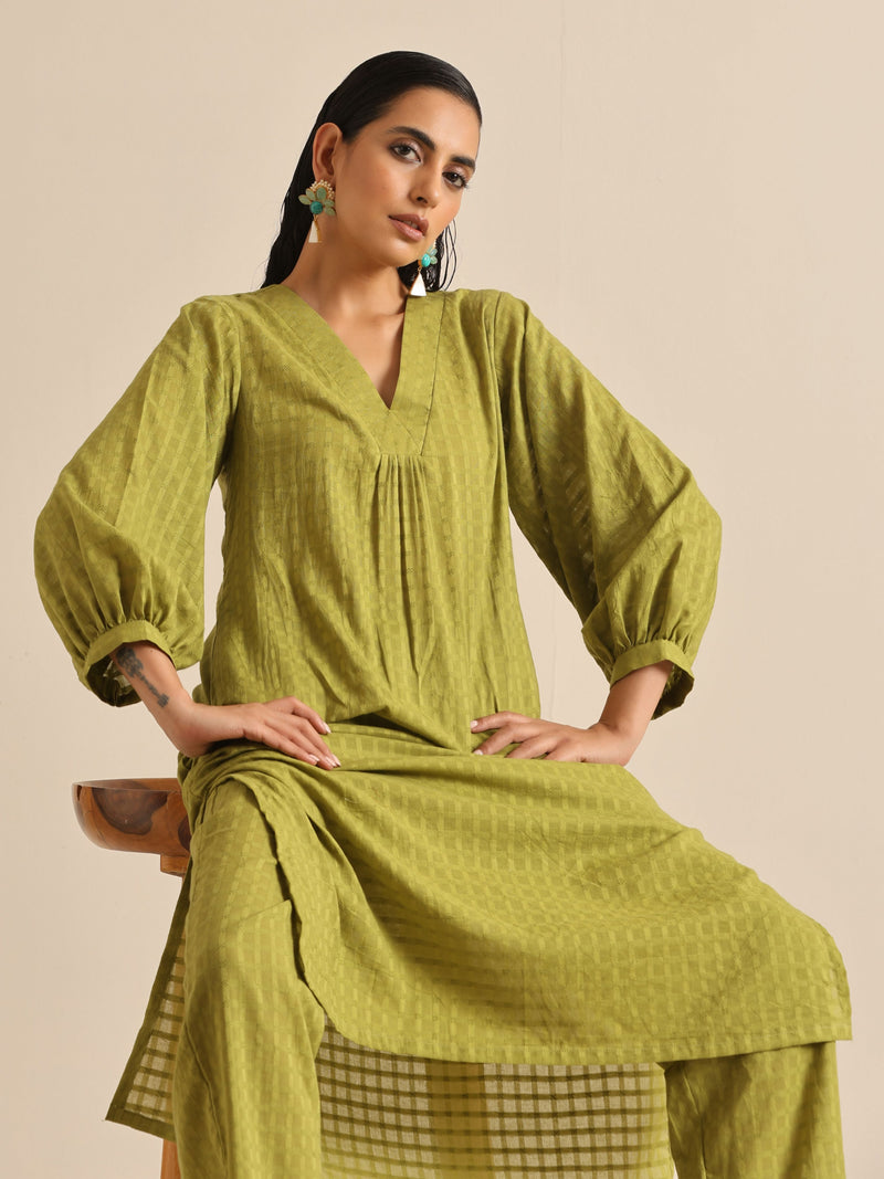 Fresh Green Dobby Puff Sleeve Kurta Pant Set