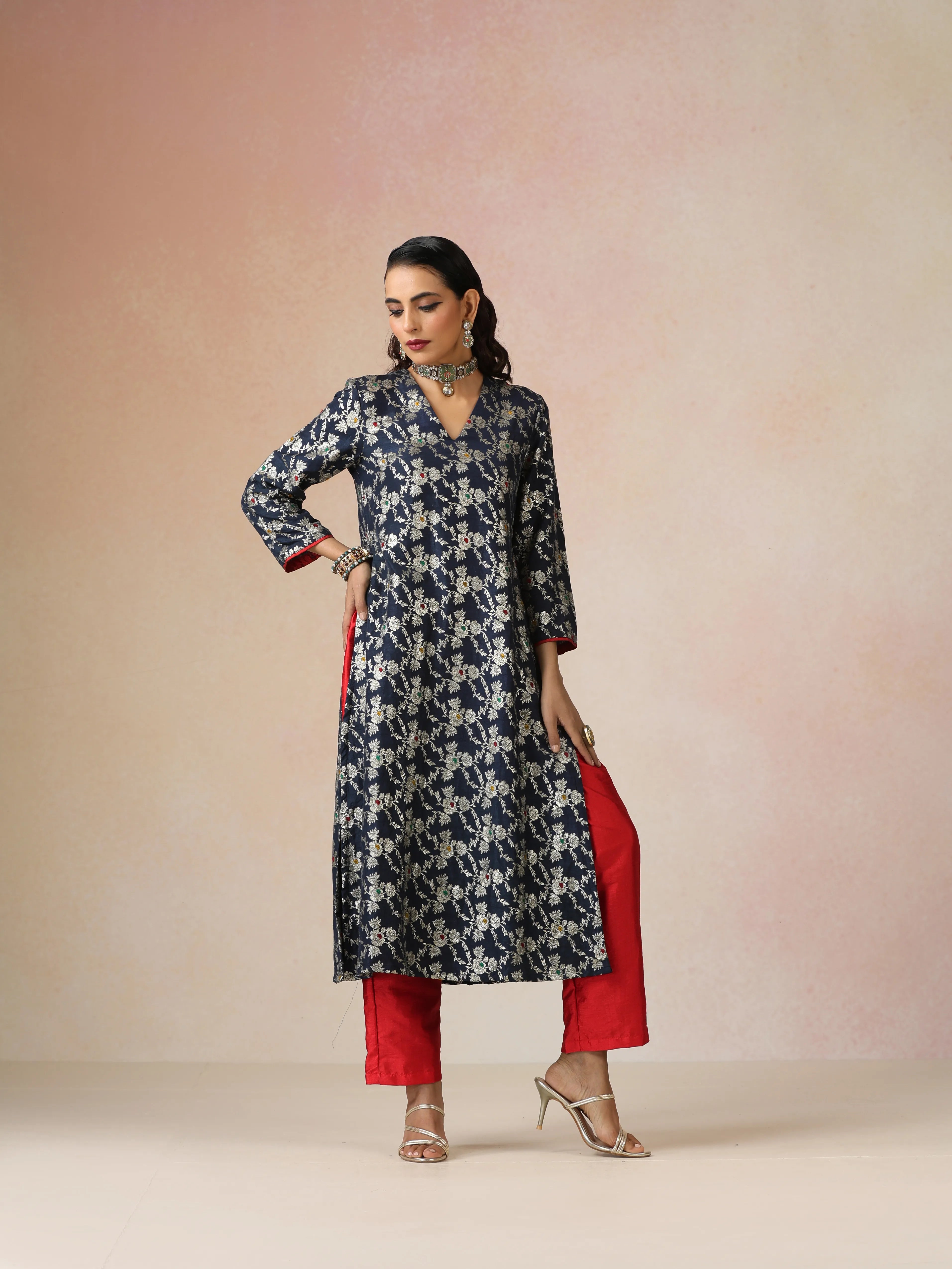 trueBrowns Blue Brocade Straight High-Slit Kurta Set
