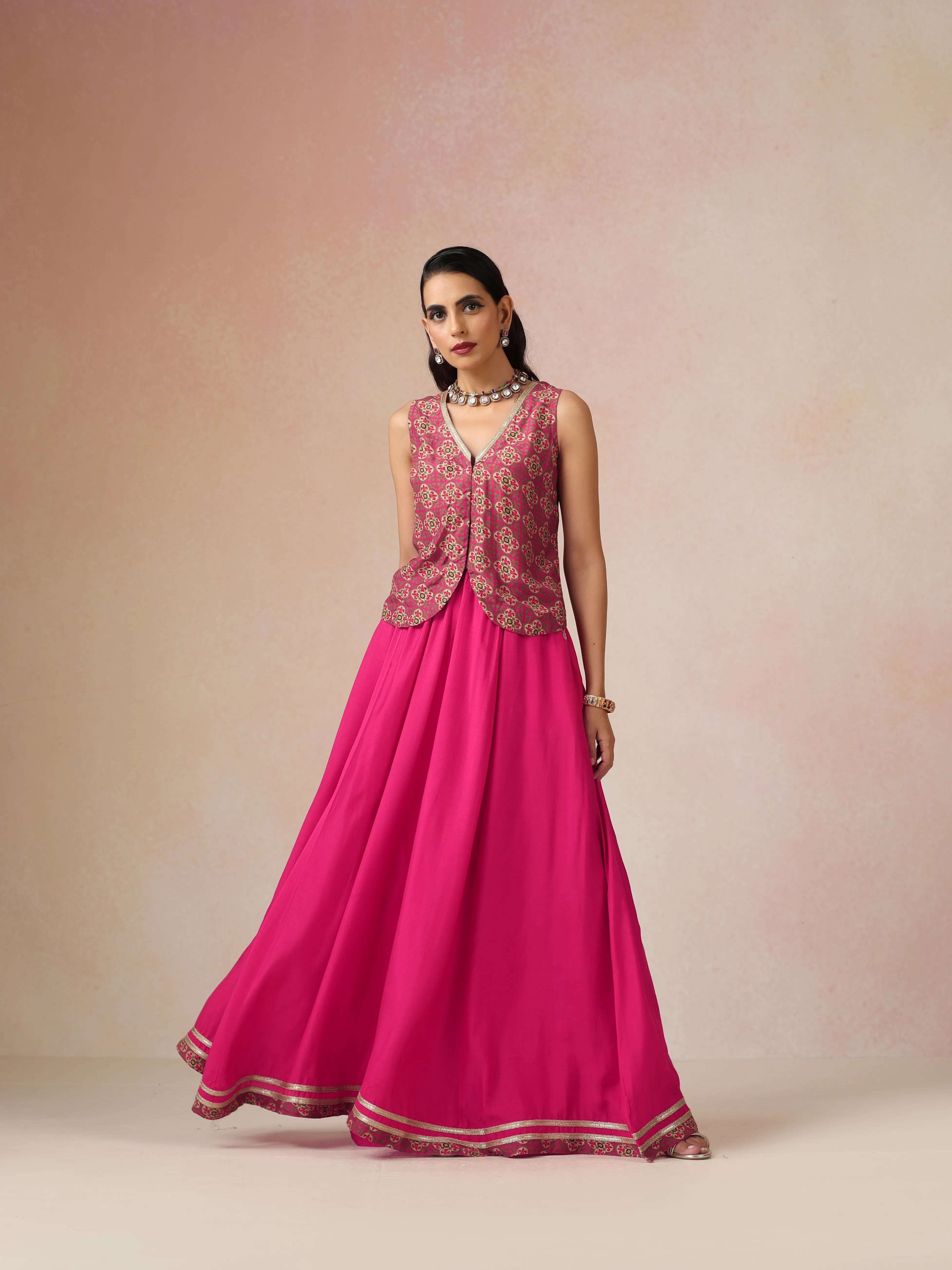 trueBrowns Pink Print Viscose Jacket Skirt Co-ord Set