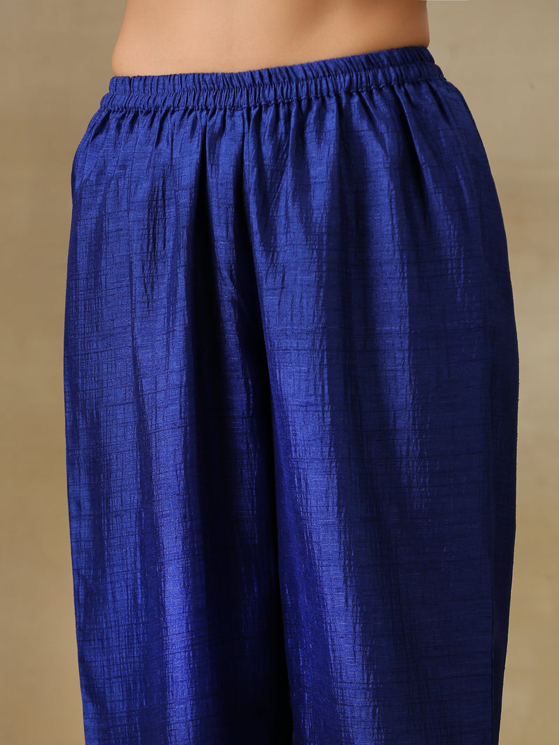 Blue Textured Silk Puff Sleeve Kurta Pant Set | Relove