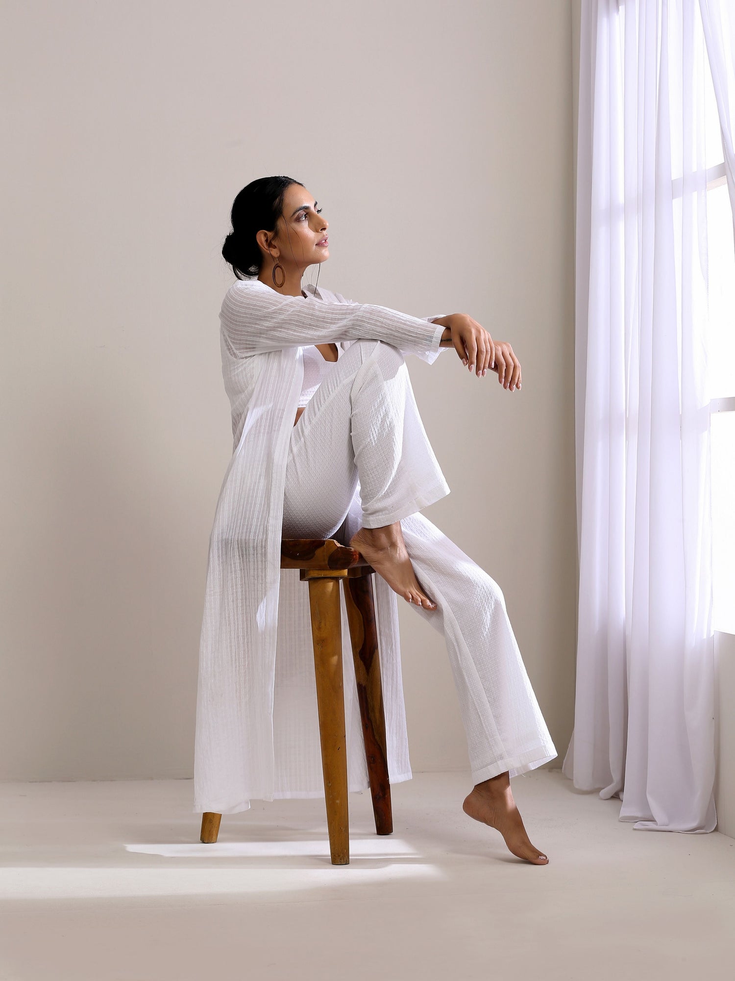 White Dobby Overlay Jacket Blouse Pant Set