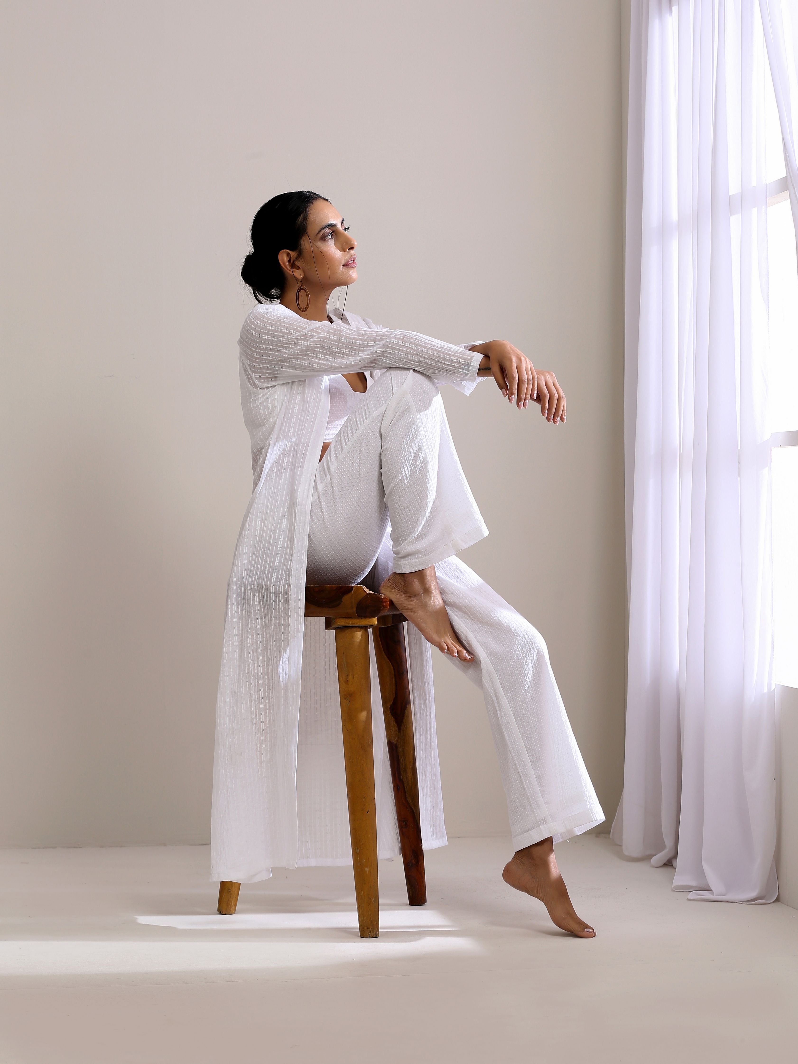 White Dobby Overlay Jacket Blouse Pant Set