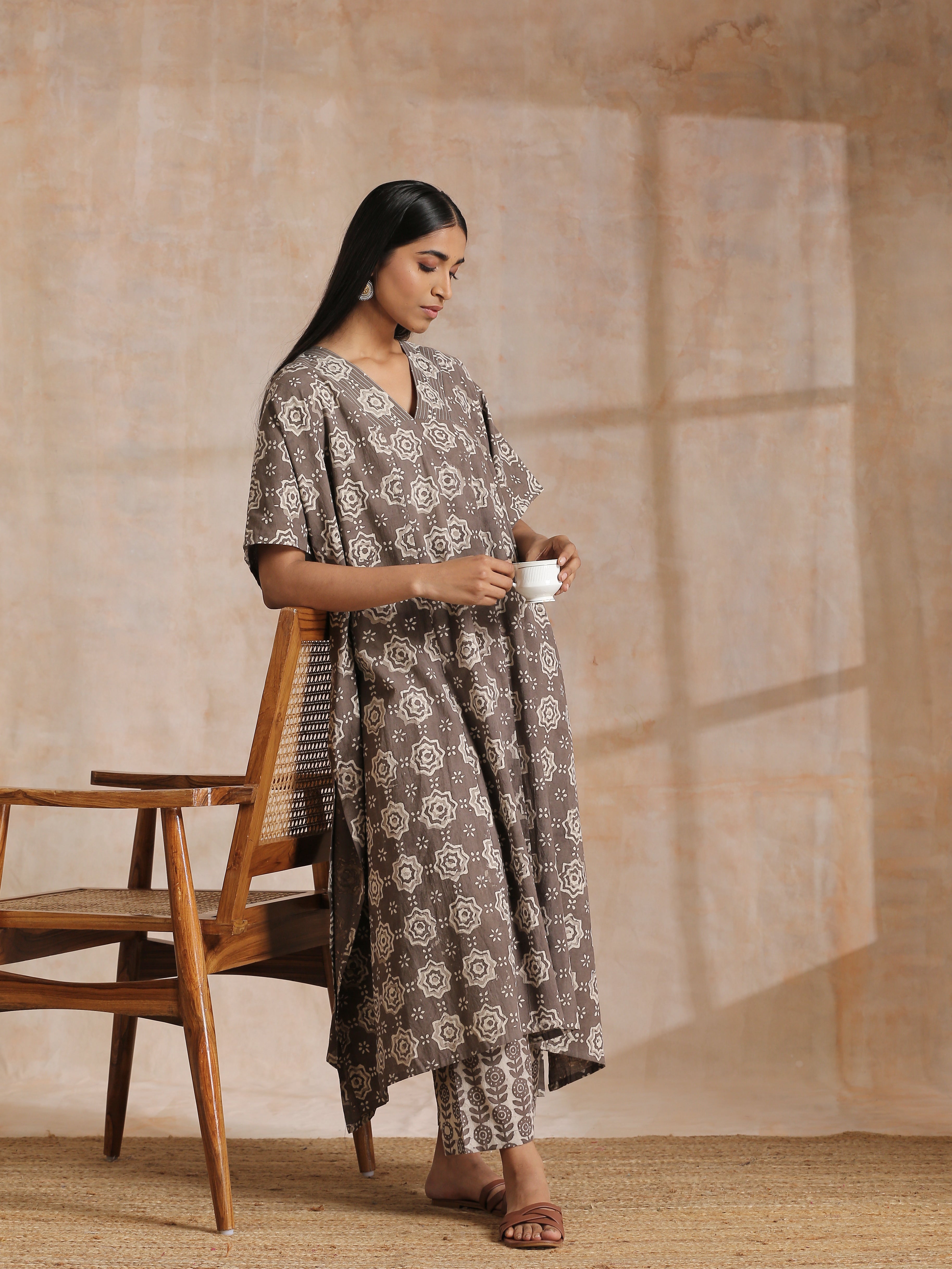 Clay Dabu Overall Print Cotton Panel Kaftan Kurta Pant Set