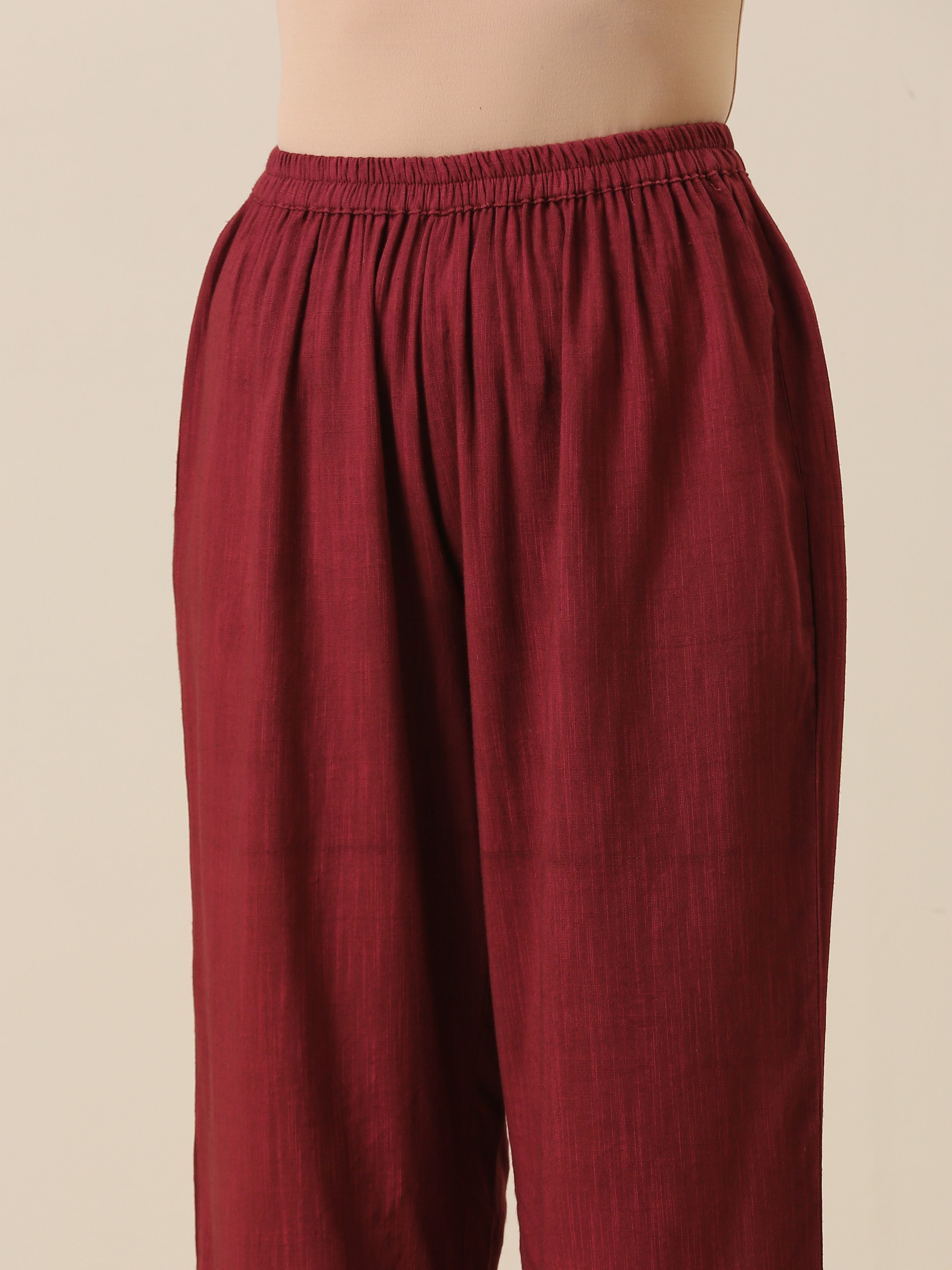 Ruby Wine Slub Texture Back Pleat Kurta Pant Set
