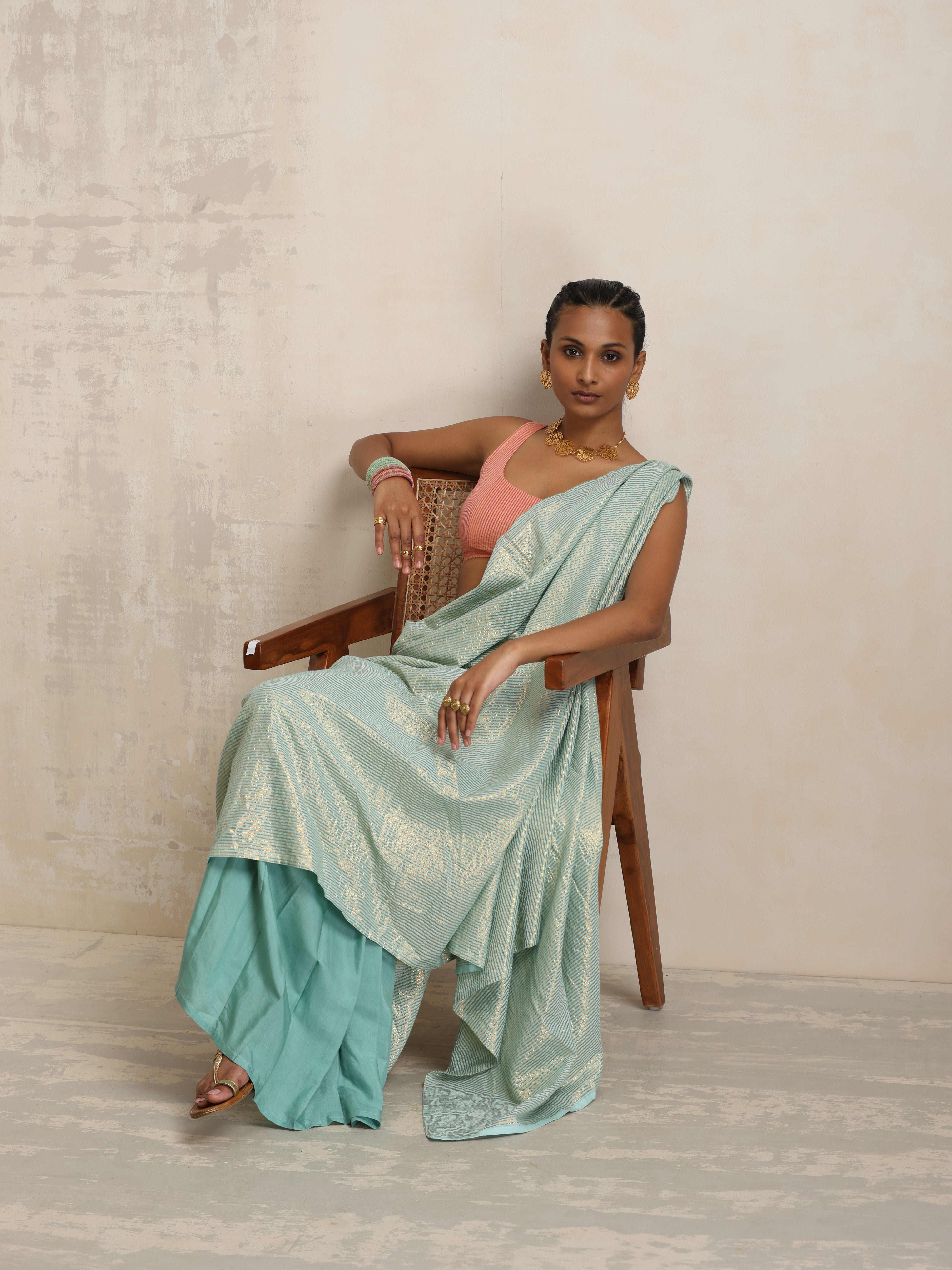 trueBrowns Blue Gold Lurex Ready To Wear Saree