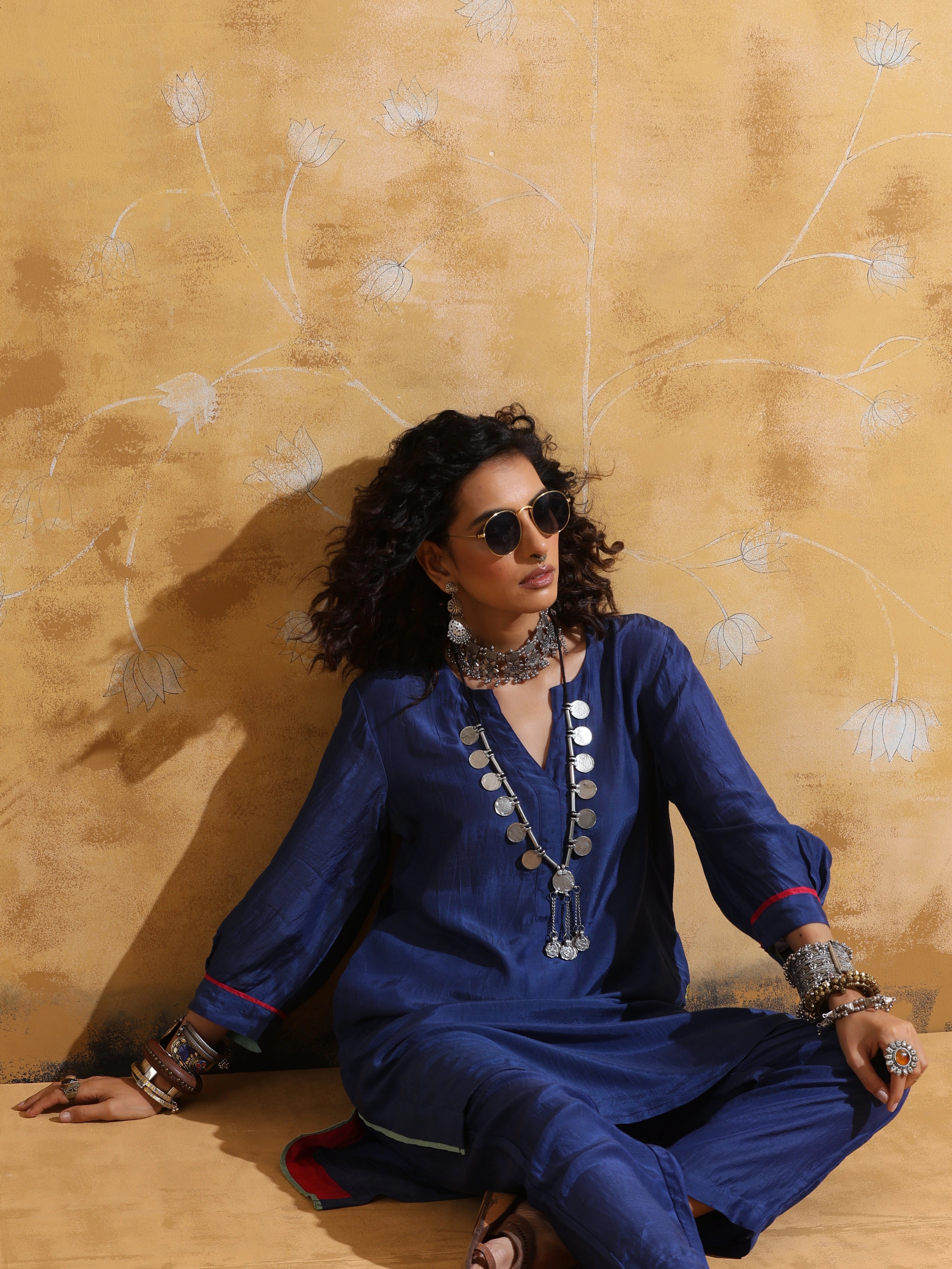 trueBrowns Blue Muslin Silk Relaxed Kurta Co-ord Set