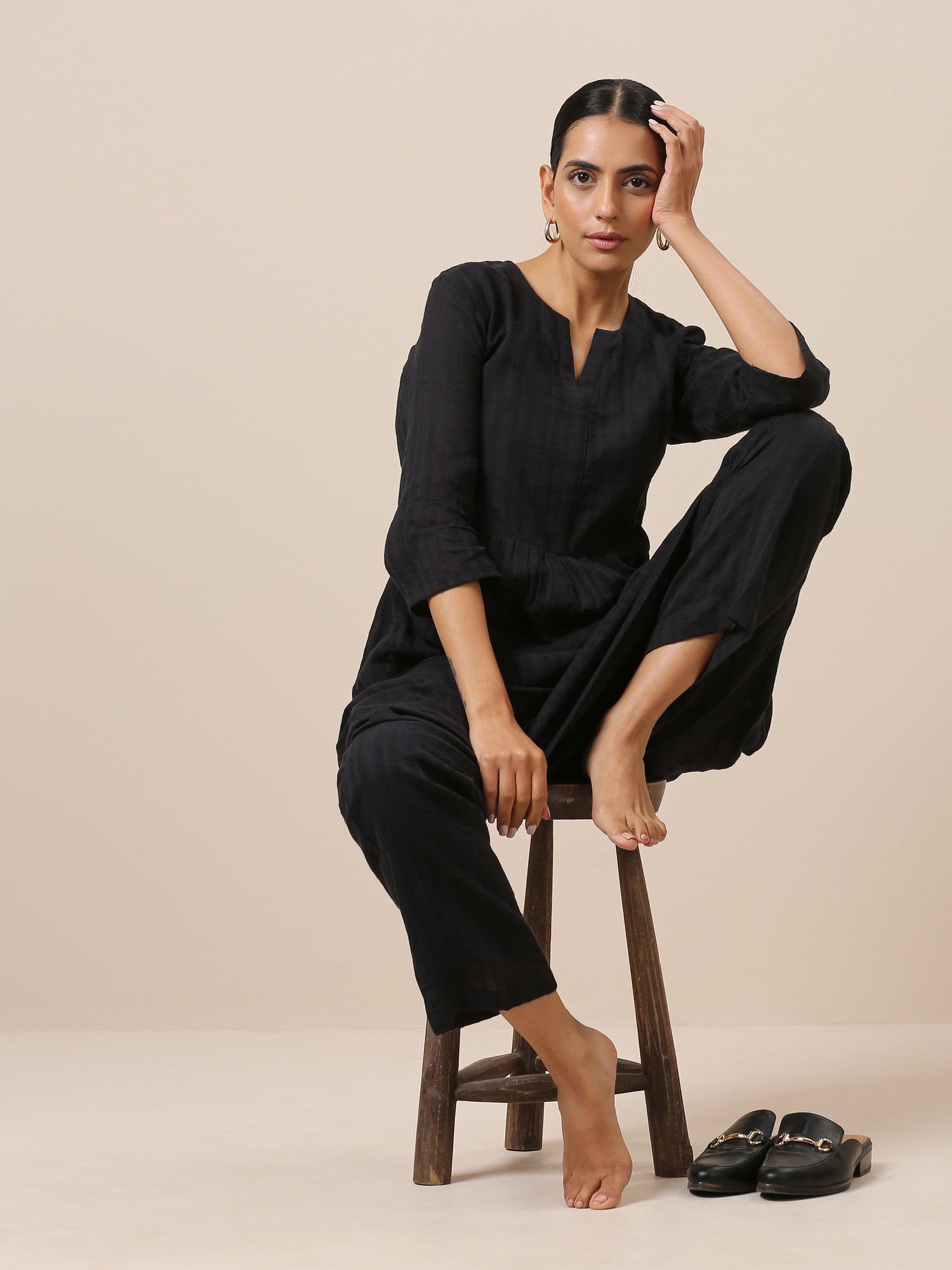 Cotton Black Flared Kurta Pant Set - trueBrowns