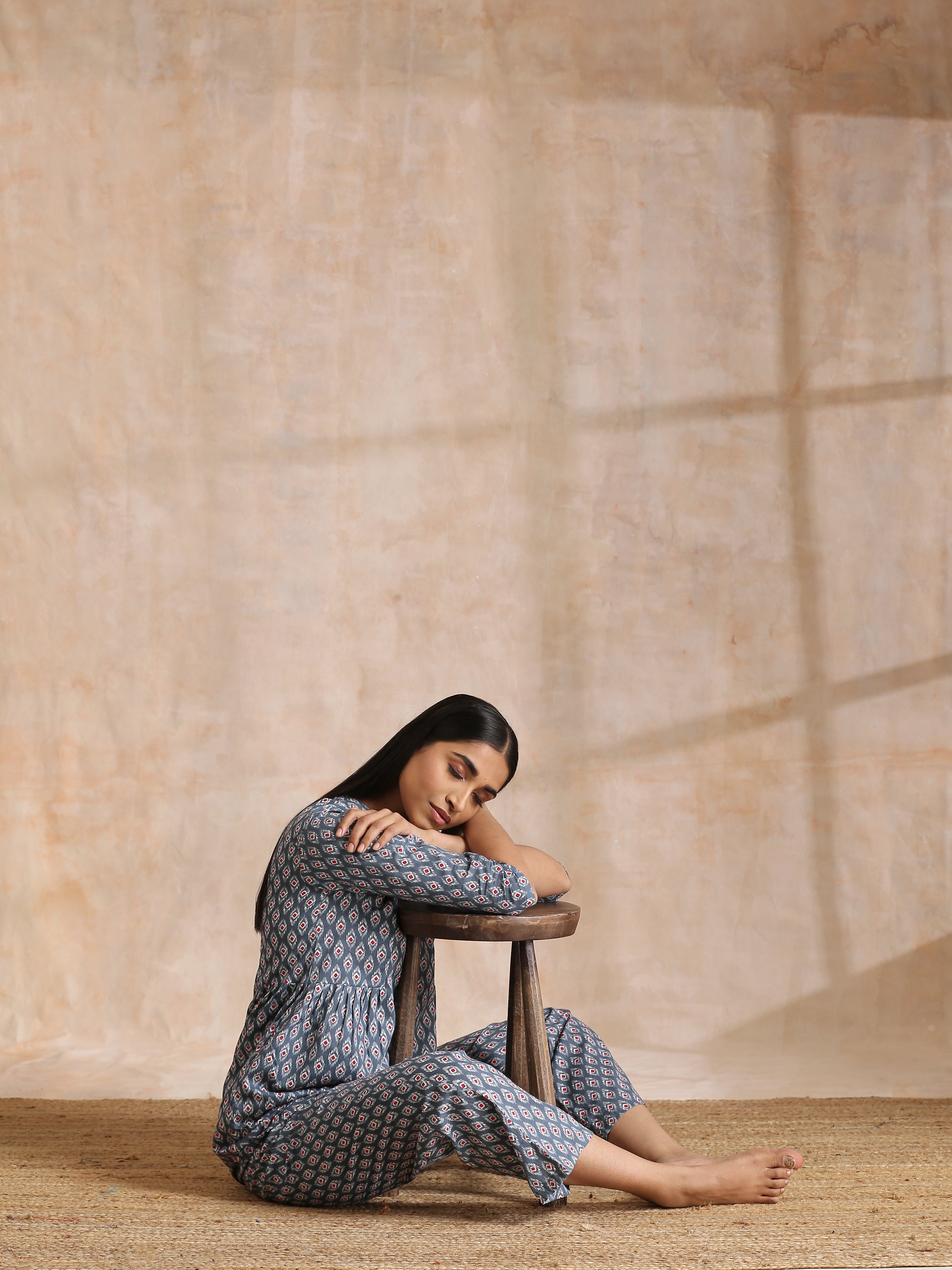 Steel Grey Ikat Print Cotton Gathers Co-Ord Set
