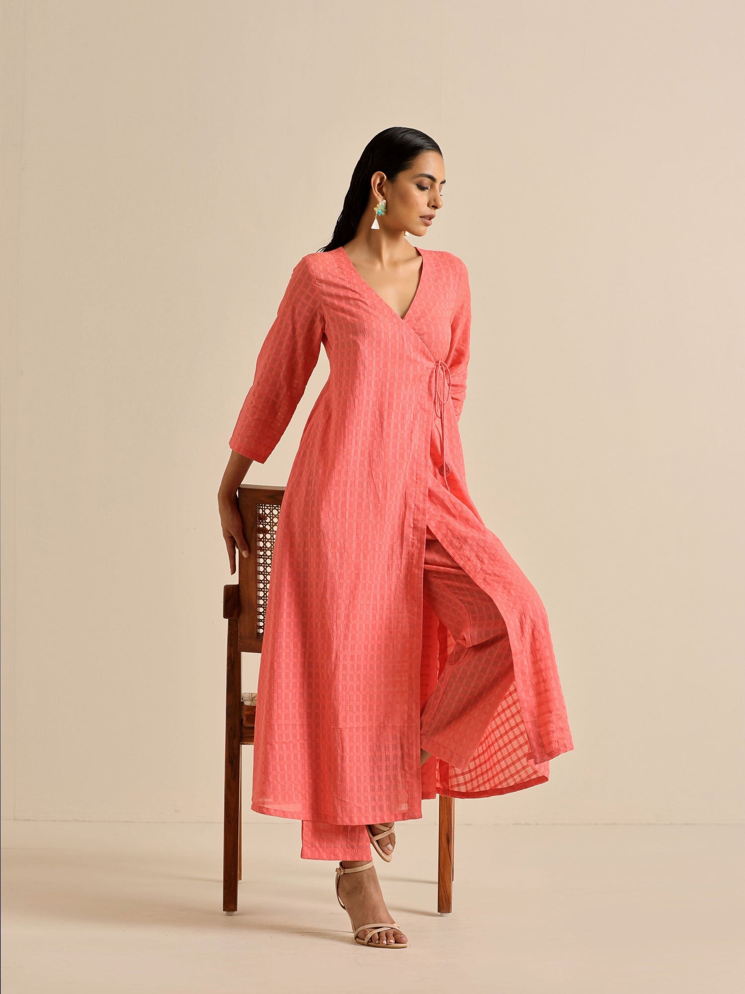 Bright Pink Dobby Angrakha Kurta Pant Set