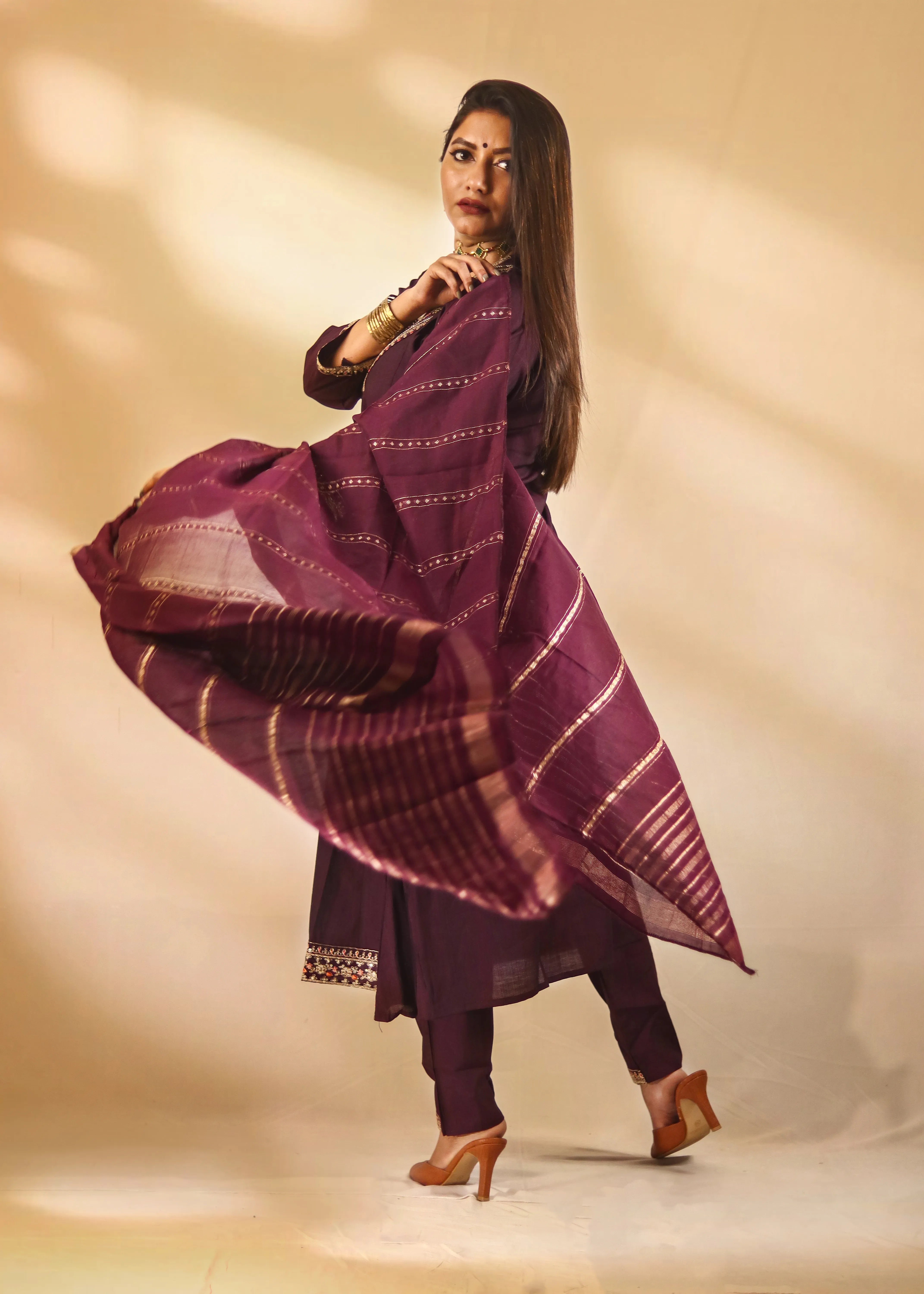trueBrowns Purple Embroidered A-line Kurta 3pc Set