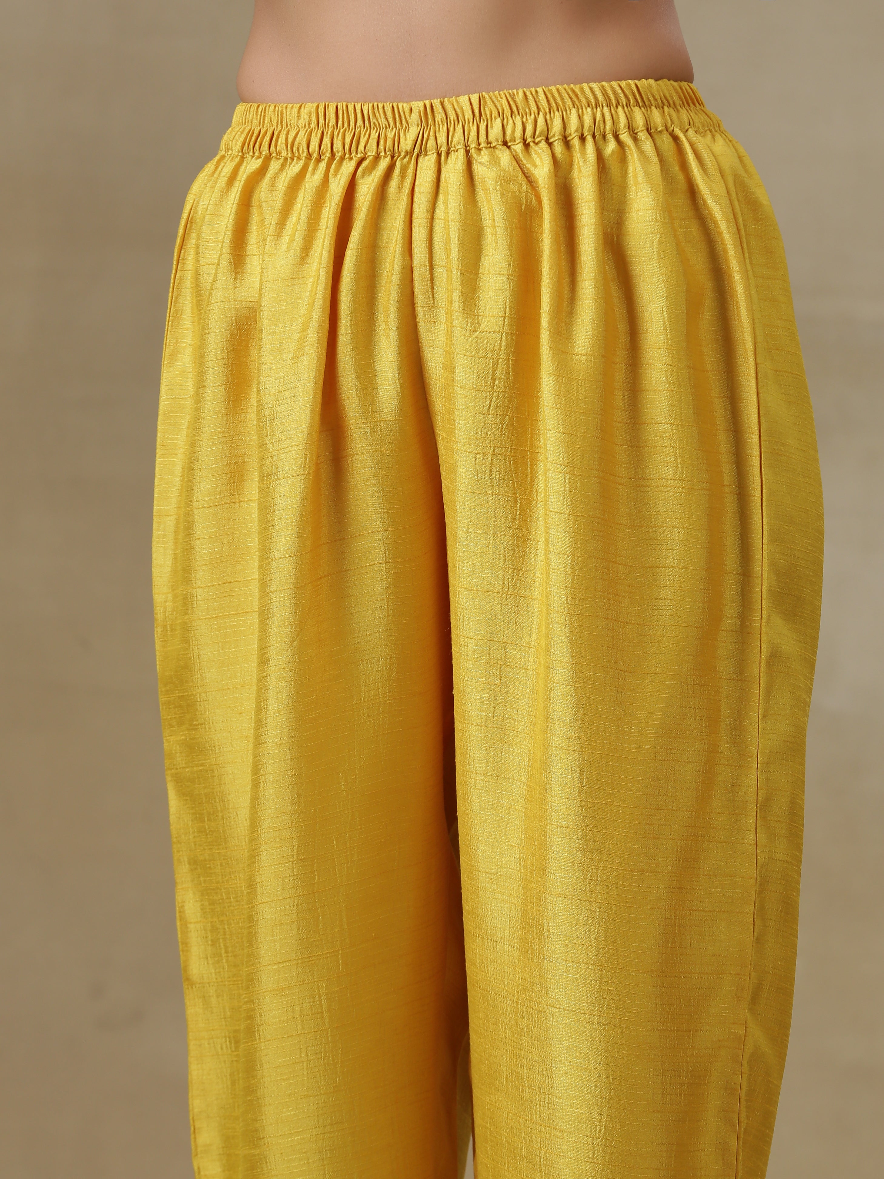Yellow Textured Silk Overlap Pleat Kurta Pant Set