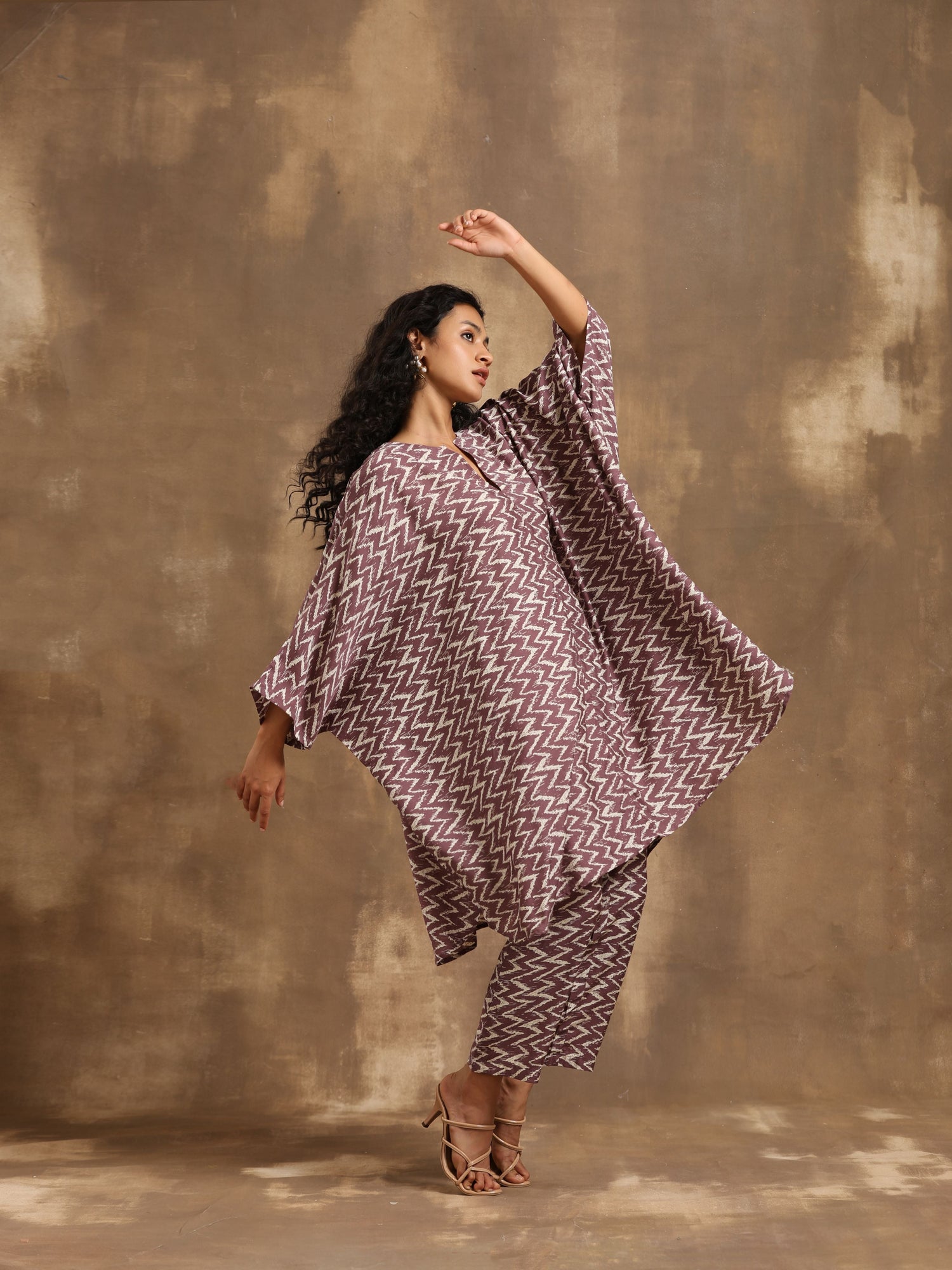 Dark Mauve Zig Zag Printed Silk Kaftan Co-Ord Set