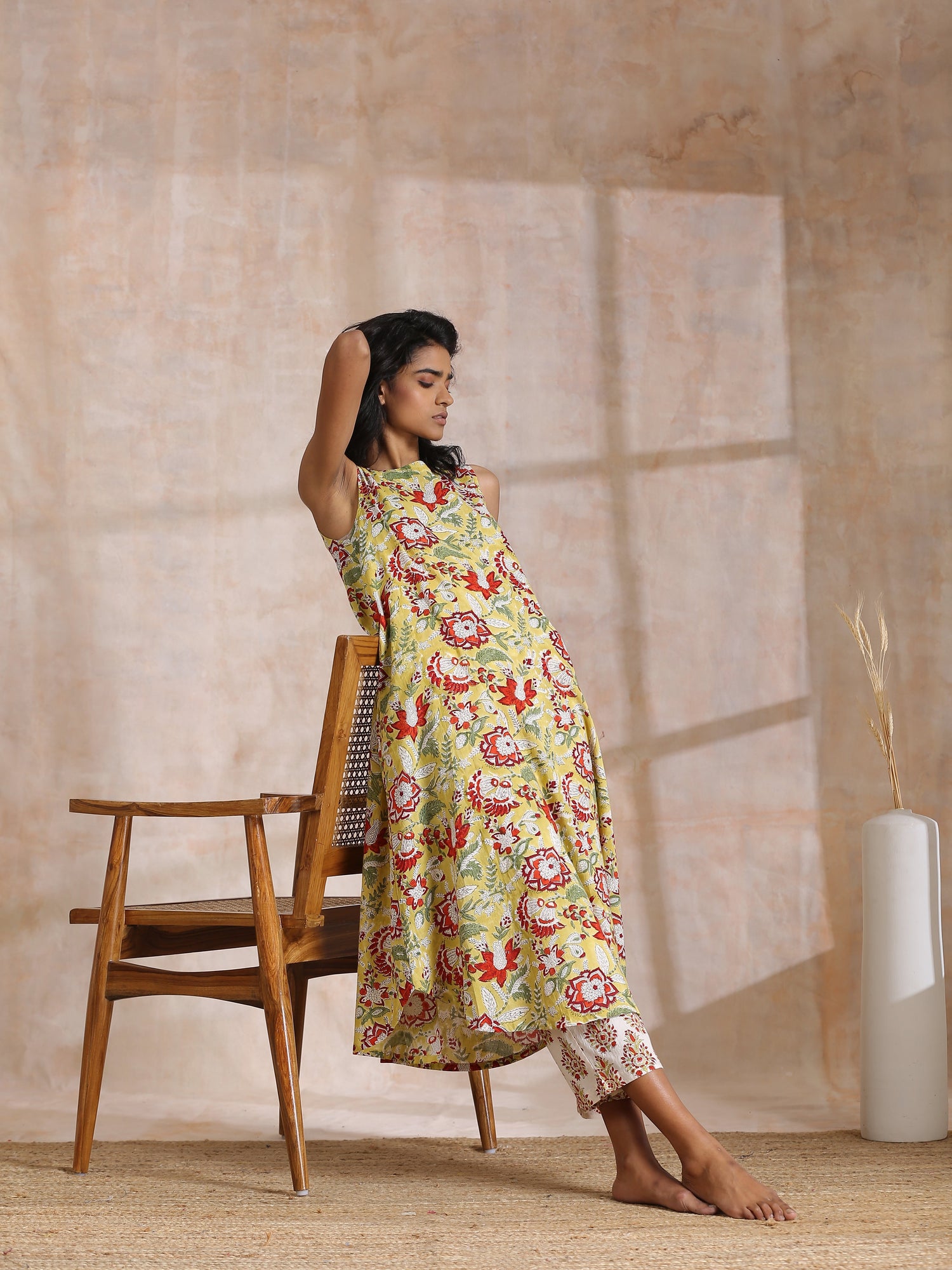 Yellow Overall Floral Block Print Cotton Sleeveless Kurta Pant Set
