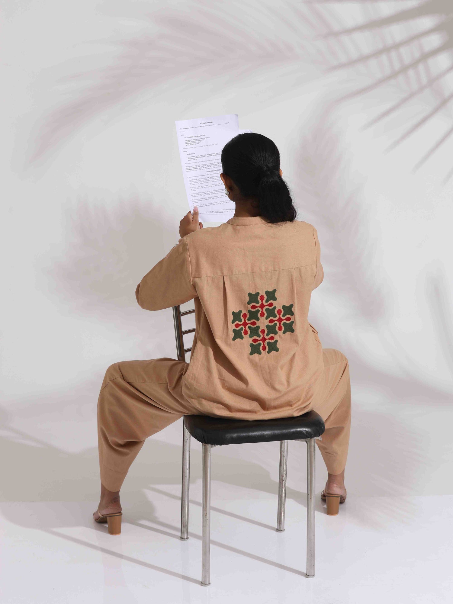 trueBrowns Beige Cotton Embroidered Shirt Top Co-ord Set