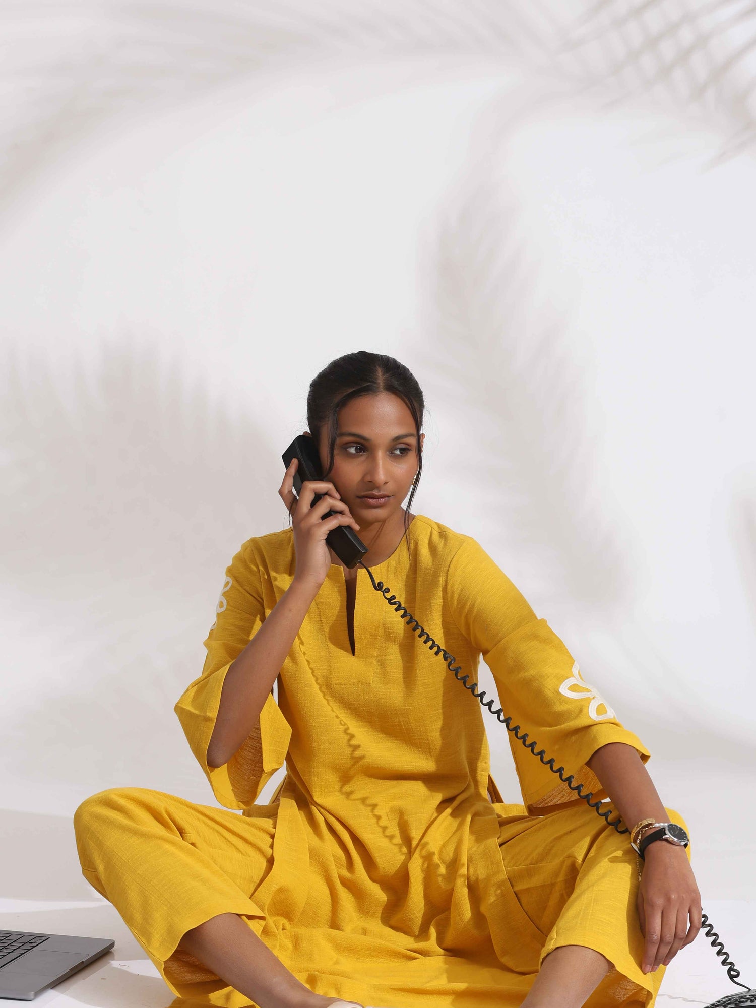 trueBrowns Yellow Cotton Slub Embroidered Straight Kurta Set
