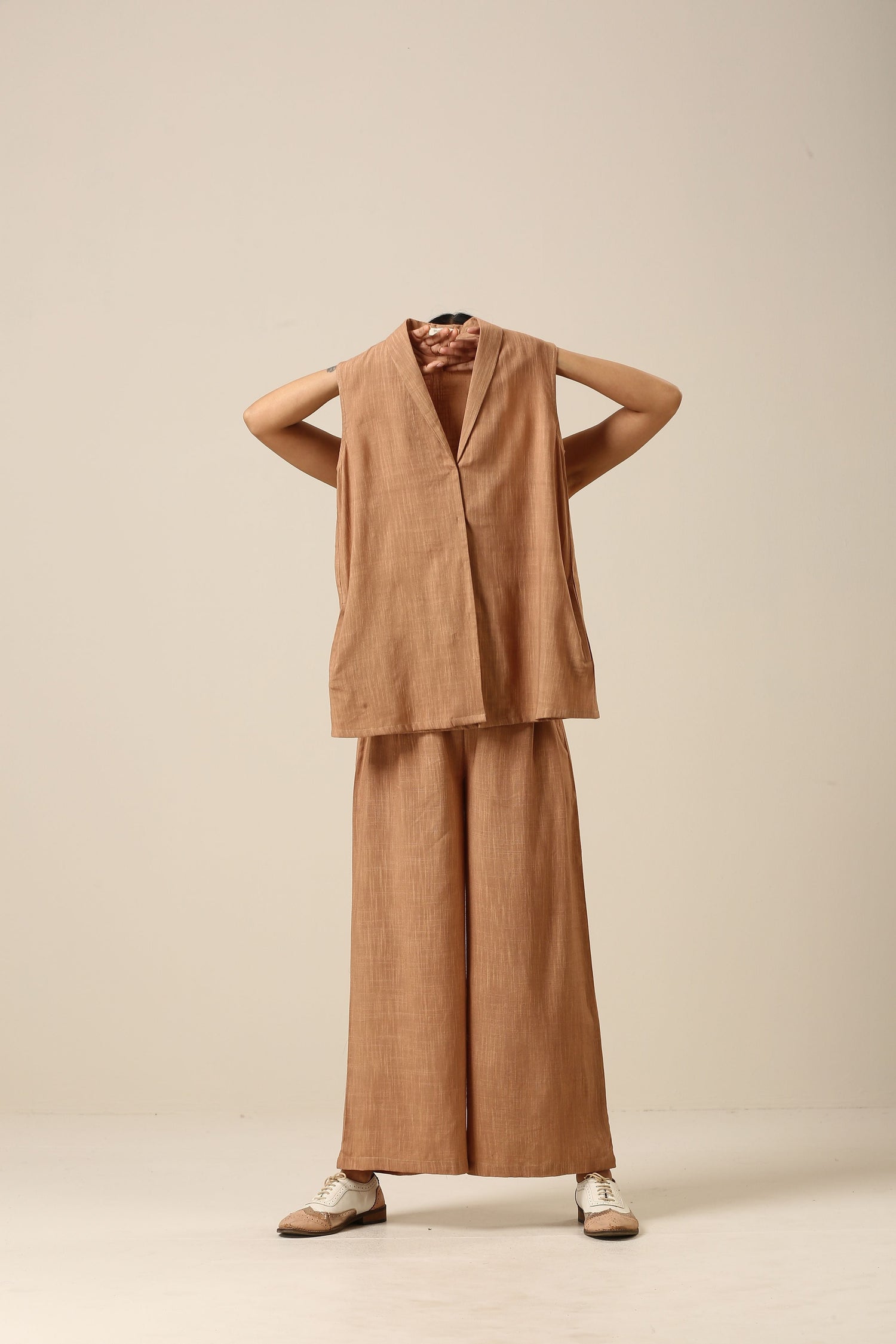 Beige Slub Texture Sleevesless Jacket Pant Set