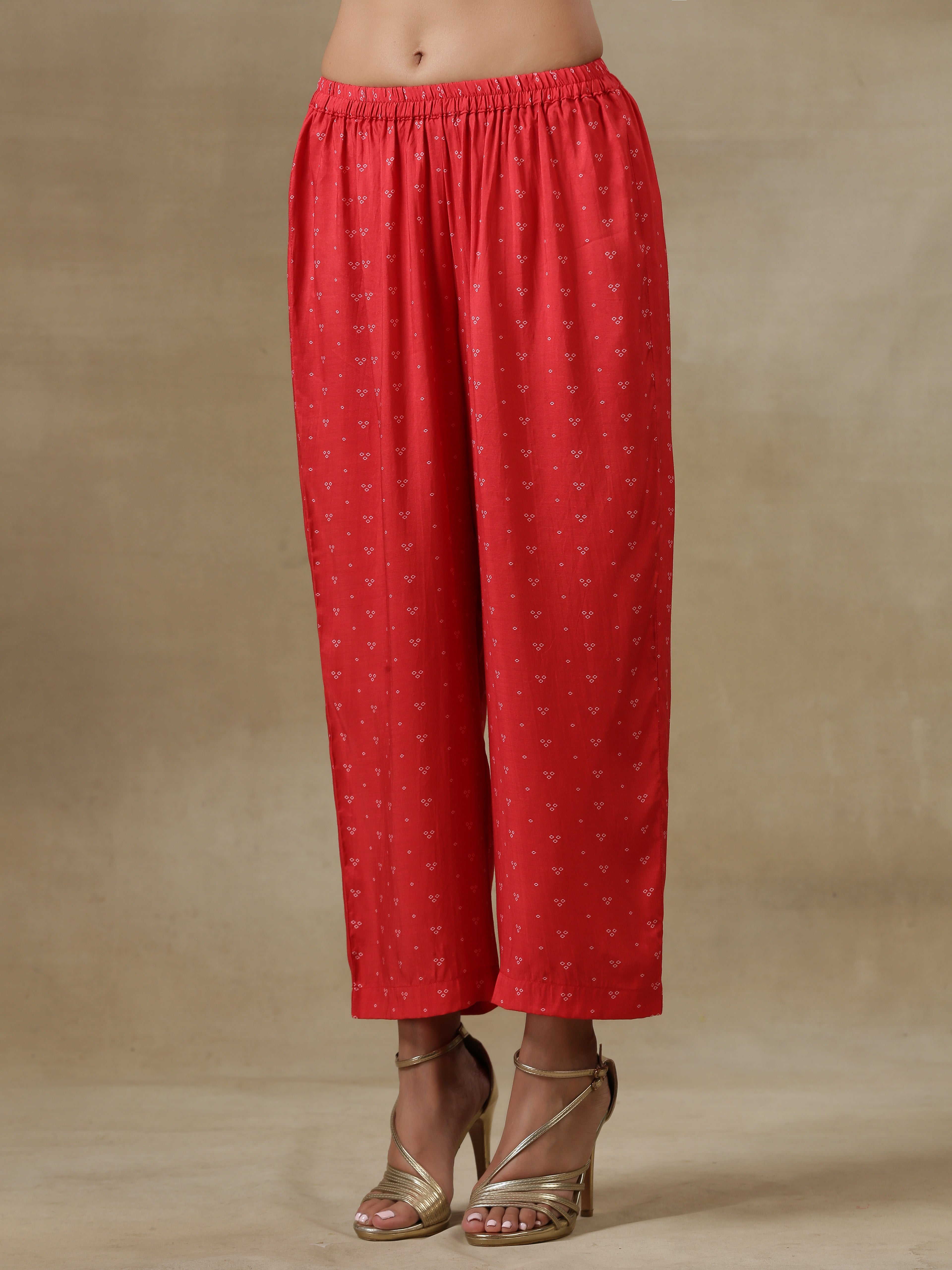 Red Bandhani Printed Silk Panel Kaftan Kurta Pant Set